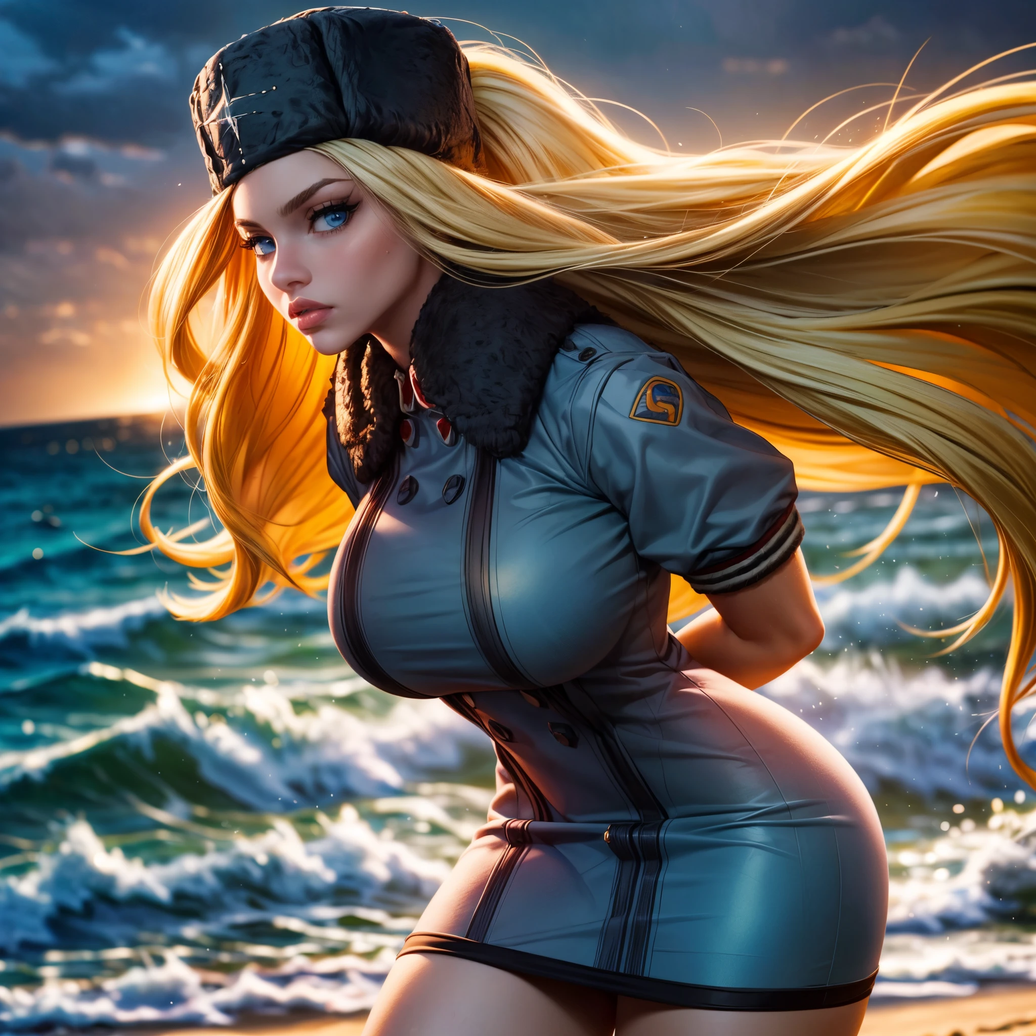 ( super real,32K, Masterpiece:1.2),(  High Definition Skin on the Beach  :1.1),(  High Quality :1.1),SF Colin, Blonde, blue eyes,  fur hat,  dress,  jacket,  Miniskirt,Bare legs, blurry background ,,( stare at viewers,  portrait:1.1),, ( huge breasts ,Super large breasts:1.1),(Dense Light :1.1),Kissing Face
