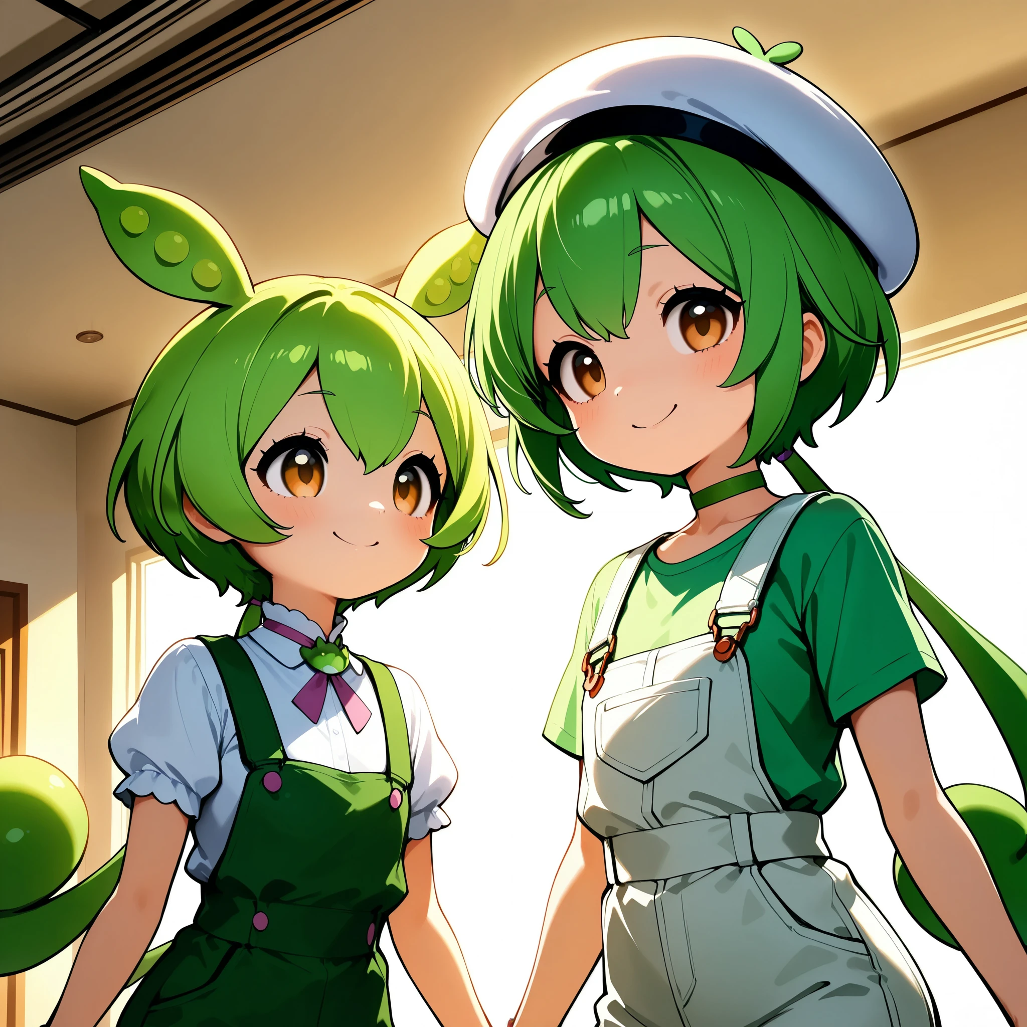 2 women, Woman on the left：Zundamon,  white collared shirt , ribbon, Green overalls, Woman on the right：Daikon-chan , green hair twin tail, white beret , green choker, green shirt ,  white overalls ， 2 people waiting in line to start , smile,  Dramatic Lighting,  fun atmosphere ,  bedroom background :1.2,  cinematic composition , Detailed CG illustration, 8k, masterpiece．