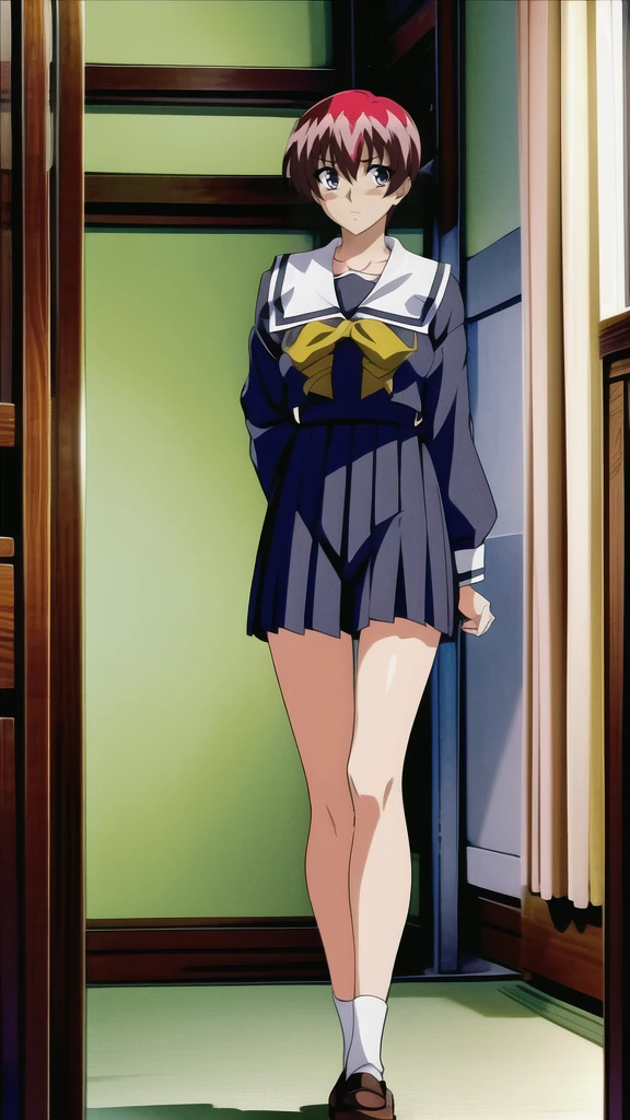 (anime,8k,best quality, masterpiece:1.2),((ultra-detailed,detailed beautiful girl:1.4)),1 girl,full body shot, Anime ,(face),beautiful eyes,sidetale,black hair,smile,posing,Long legs,Hourglass Shape,Short sleeve,mini skirt,Sailor suit