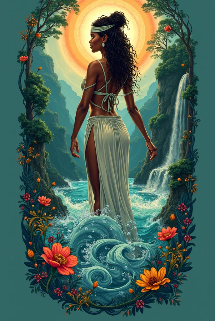 a long black silky haired latinese woman is taking a bath in the river