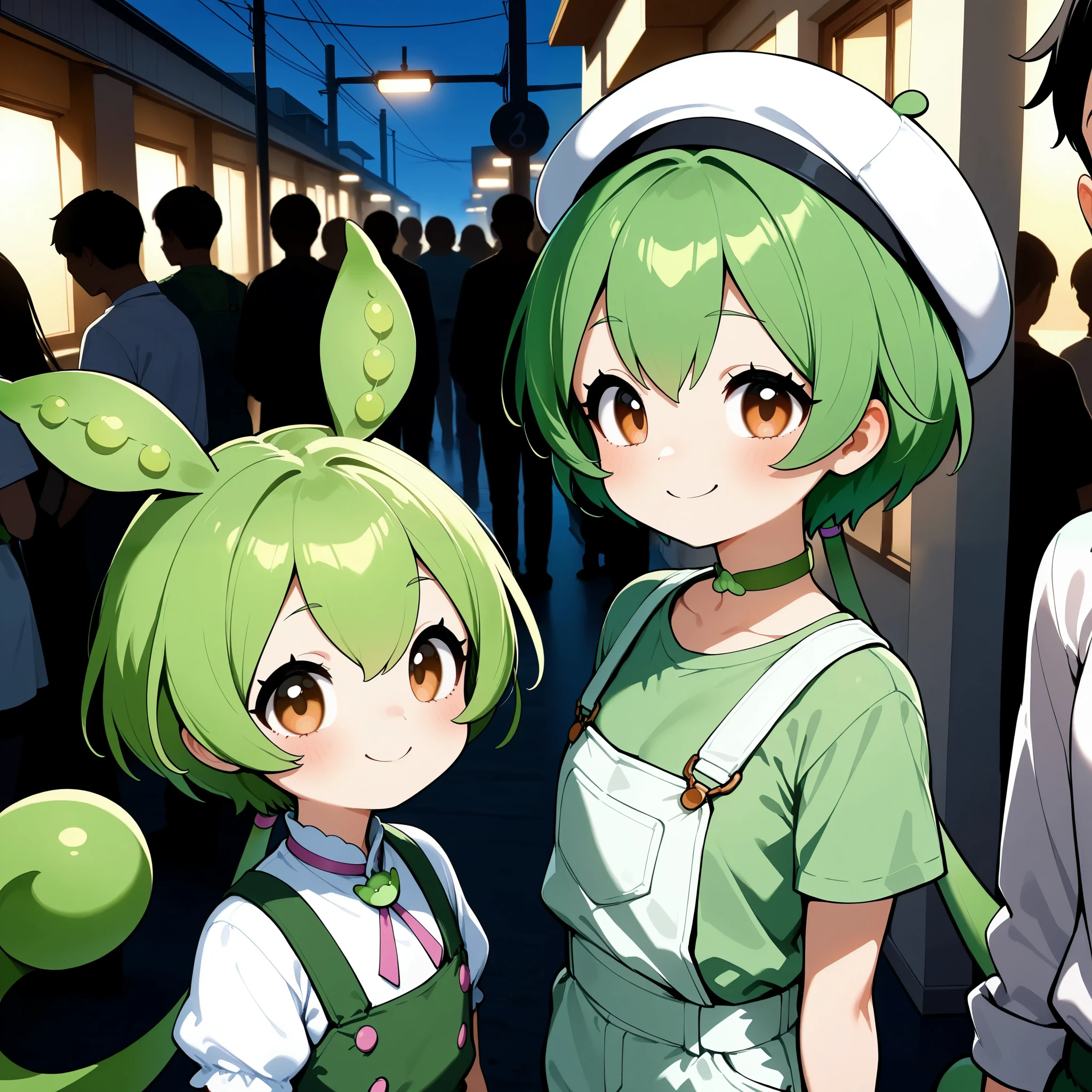 2 women, Woman on the left：Zundamon,  white collared shirt , ribbon, Green overalls, Woman on the right：Daikon-chan , green hair twin tail, white beret , green choker, green shirt ,  white overalls ， 2 people waiting in line to start , smile,  Dramatic Lighting,  fun atmosphere ,  bedroom background :1.2,  cinematic composition , Detailed CG illustration, 8k, masterpiece．