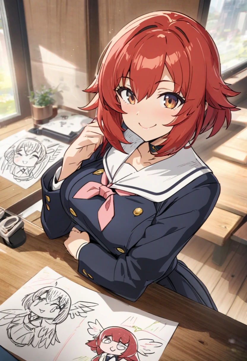 cute anime harpy chicken girl with red hair bob hair and feathered wings, big female-melons, black school blazer uniform, smile, ((Hand-drawn illustrations, in the style of Japanese animation)), masterpiece,best quality,ultra detailed, very aesthetic, 
