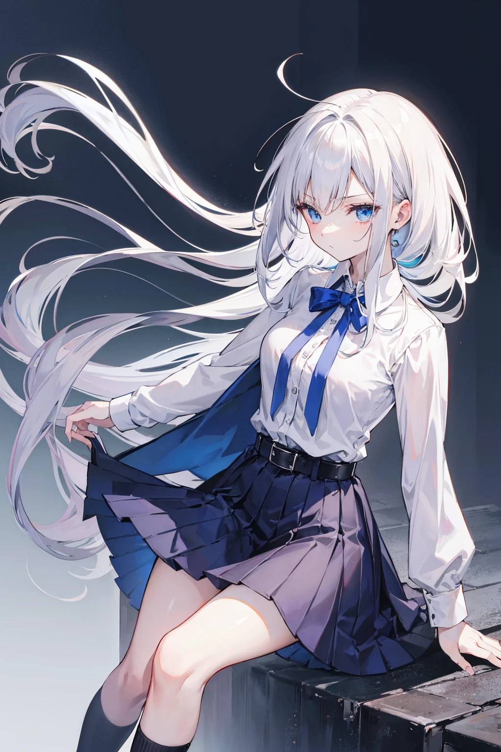 ((Masterpiece), Top Quality, Girl, (Uniform), Silver Shorthair, Blue Eyes, (Skirt Deflected by the Wind), White Panties, (Angry Face), Perfect Anatomy