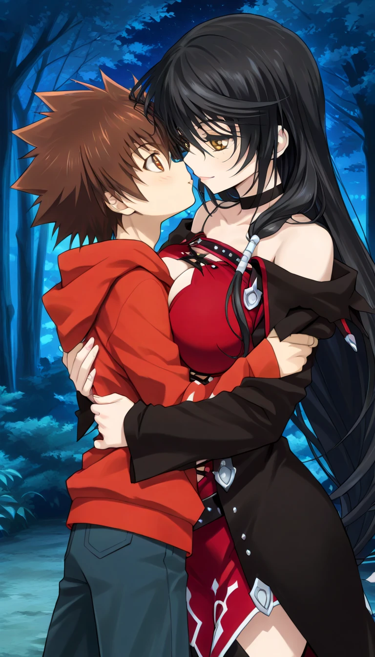 masterpiece,top-quality,source_anime,best quality, clear face,Velvet Crowe,tales of verseria,1girl,solo,black hair,very long hair,gold eyes,very large breasts, perfect body,beauty,very huge breasts,narrow waist,bust size is 250cm over,sexy,seductive anime girl,One Shota,Tsunayoshi Sawada,tsuna_hyper,A boy with very messy brown hair,she has black hair,she has black hair,she has black hair,she has black hair,she has gold eyes,he has very messy brown hair,he has very messy brown hair,he has very messy brown hair,she has gold eyes,she has gold eyes,he has orange eyes,he has orange eyes,he has orange eyes,night Forest and spring,she is smiling seductively,Boy and woman are kissing,Boy and woman are hugging,red hooded hoodie,Jeans pants