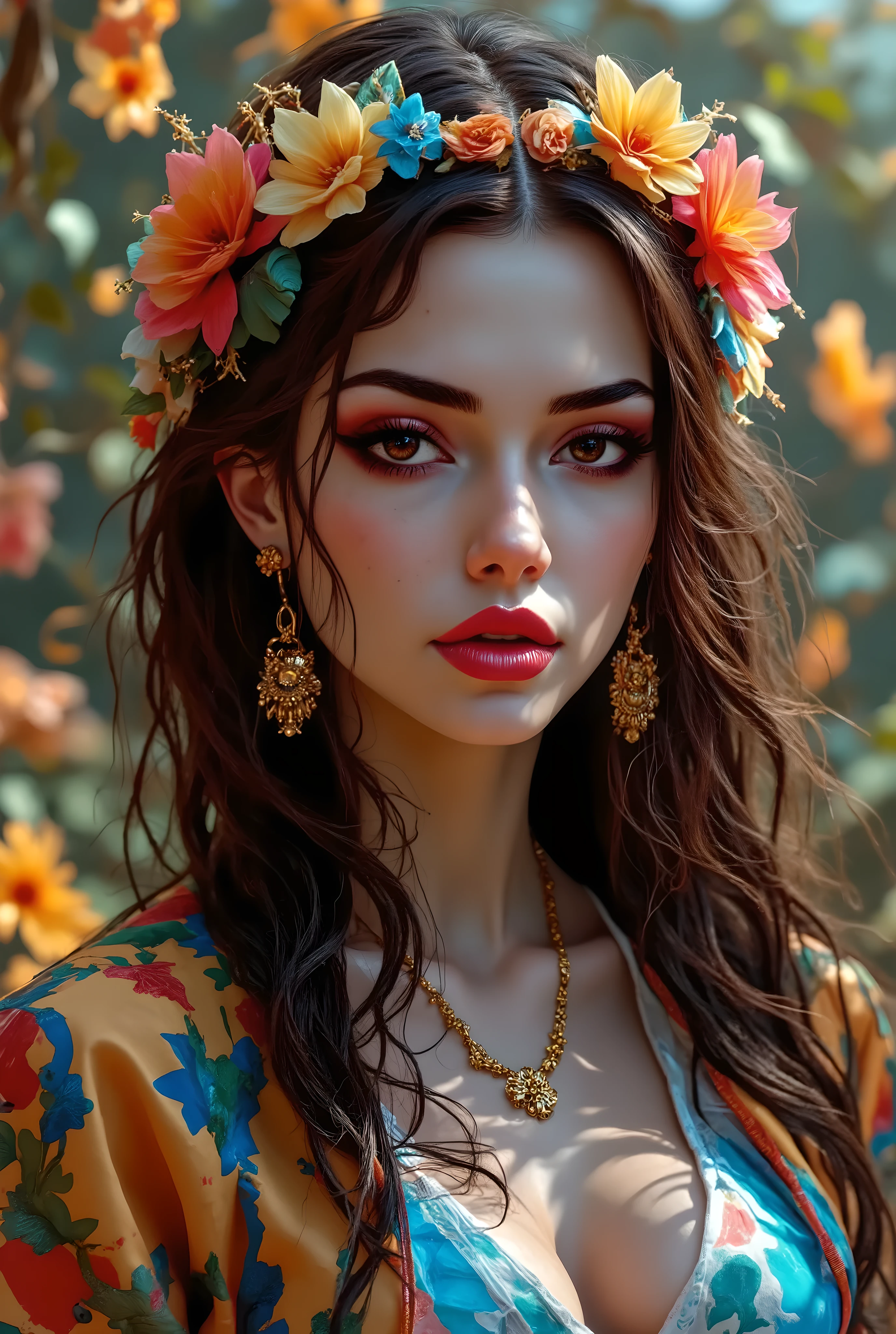 photorealistic image, ( pendant in the form of a trident)  ukrainian woman with very long brown curly hair braided in a long braid, dark eyes ,wreath on the head of daisies . very small breasts ,   ethnic cotton light ,  loose dress in yellow and blue colors with cross stitch . in a rustic retro yard . full height.  dress glows with stripes in cyberpunk style