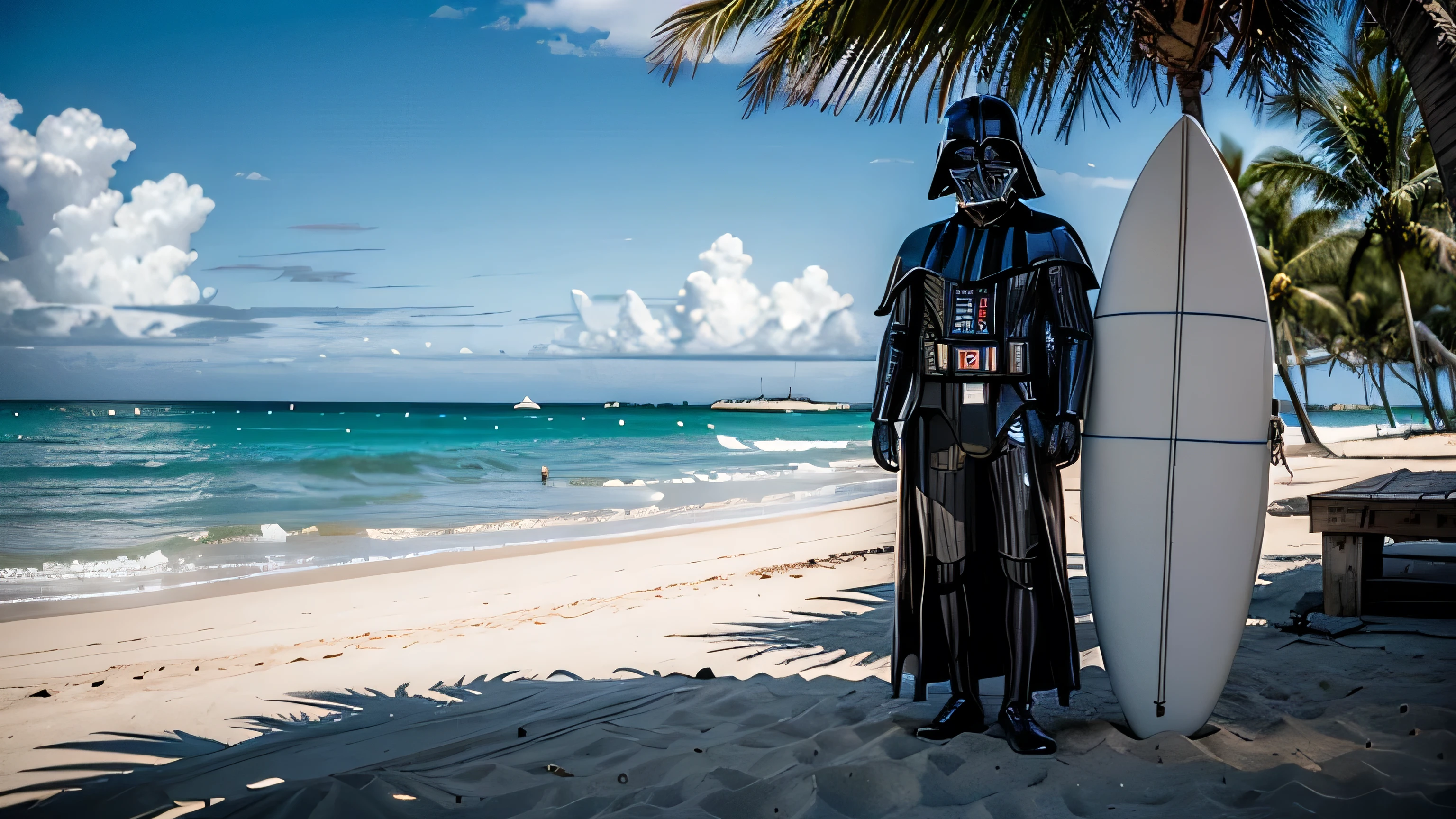 (Darth Vader) ( surfboard ) (4K) (photographic) (tropical) on the beach, Bermuda dress and floral shirt, tropical palms