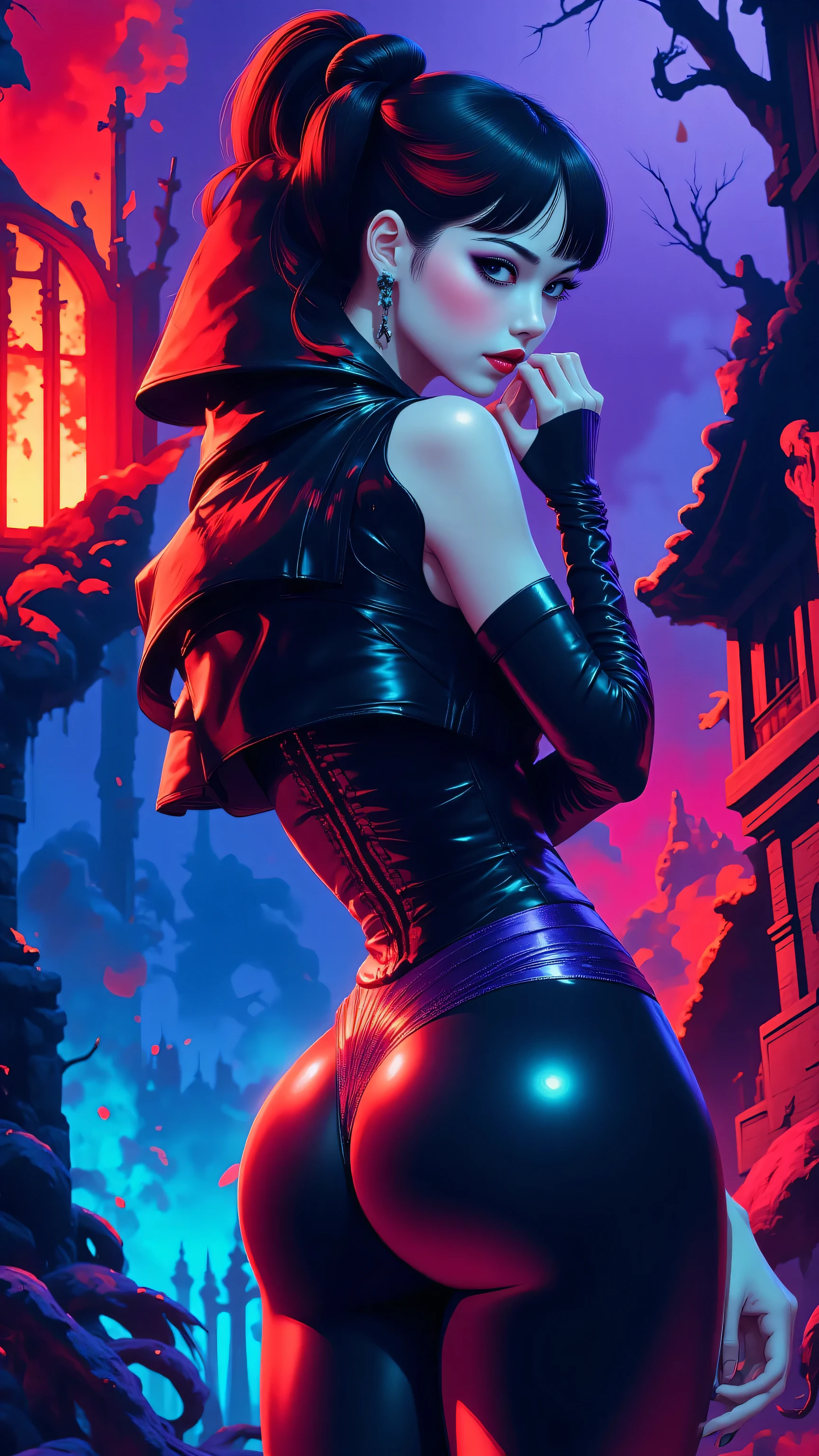 japanese goth kawaii kpop girl group, (abstract art:1.2), fractal art, psychedelic art, (style of Yuko Shimizu:1.1), red theme, dark theme, gothic cathedral, haunting, Kizi,(eyes looking off to side), Highly detailed, Amazing work,Vitreous luster, blues, purples, reds, Best quality at best,shiny skin, colorful background, blue background, red background, purple background, purple metallic micro bikini, sexy pose, dynamic pose, heavy blushing, huge breasts, sideboob, heavy blushing, face blush,
