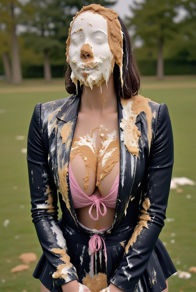 Tv game show ,  short bob hair ,girl, completely covered in pie from head to toe,Green Slime  , Blue Slime   ,   chocolate,strawberry ice cream,My face is covered in mud,Full of mud, full body shot ,suit