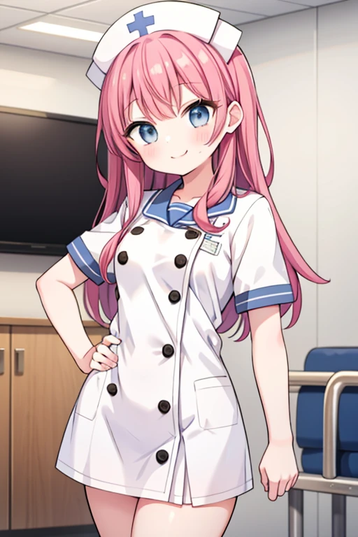 1girl, solo, nurse, white nurse cap, white nurse uniform, ((white legwear, zettai ryouiki)), white gloves, pink hair, green eyes, drooping eyes, smile, standing, ((hospital room)), sharp outline, short sleeves, best quality, masterpiece