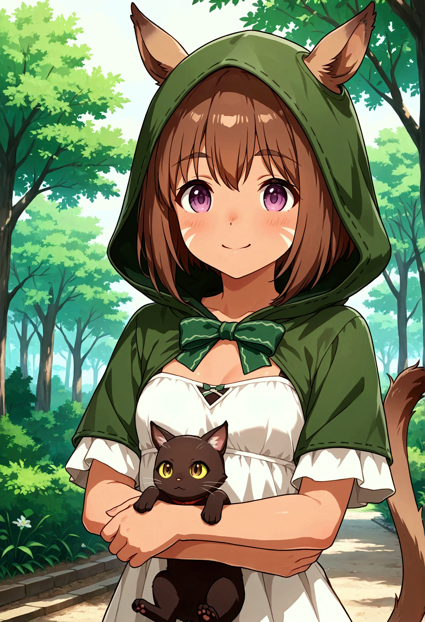 masterpiece, 1 very young girl 、Mithra　 Final Fantasy 11、 Final Fantasy 11、 brown skin next to a woman、three red patterns on the cheeks、 Very Big Eyes 、Young face、Dark brown cat ears and tail 、 very small breasts、 short bob with sisters、Shiny reddish brown hair 、Beige clothes with green hood、The background is the forest、Carrying a bow、smile