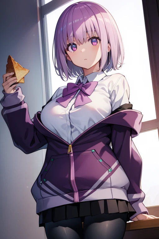 Cute girl , Short pink hair , Dark purple clothes , Combat stance