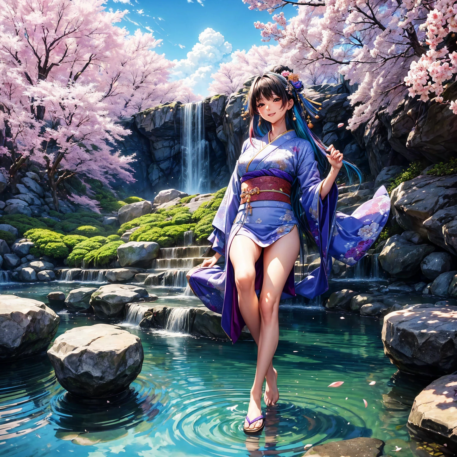 (highest quality、masterpiece、very high resolution、ultra high resolution.High resolution detail 1.5)、(A woman with perfect and ultimate beauty:26 years old:beautiful body、beautiful face、beautiful hair)、(Beautiful breasts with a slender body shape:F cup,best hair texture,best skin texture 1.5)、((elegant bikini:floral and colorful,sexy bikini swimsuit)),(Fantastic waterside,There is a waterfall,Night cherry blossoms and lanterns,mysterious night sky、beautiful scenery),(water play,beautiful pose,model shoot),bright smile、Hair flutters under the influence of the wind,realistic portrait、realistic textured skin、(highly detailed images、accurate image、Perfect Image 1.5)、beautiful anime woman, beautiful art style, anime character、Overall image、accurate anatomy、Image without defects、natural soft light、beautiful images、(best shot,RAW photo)