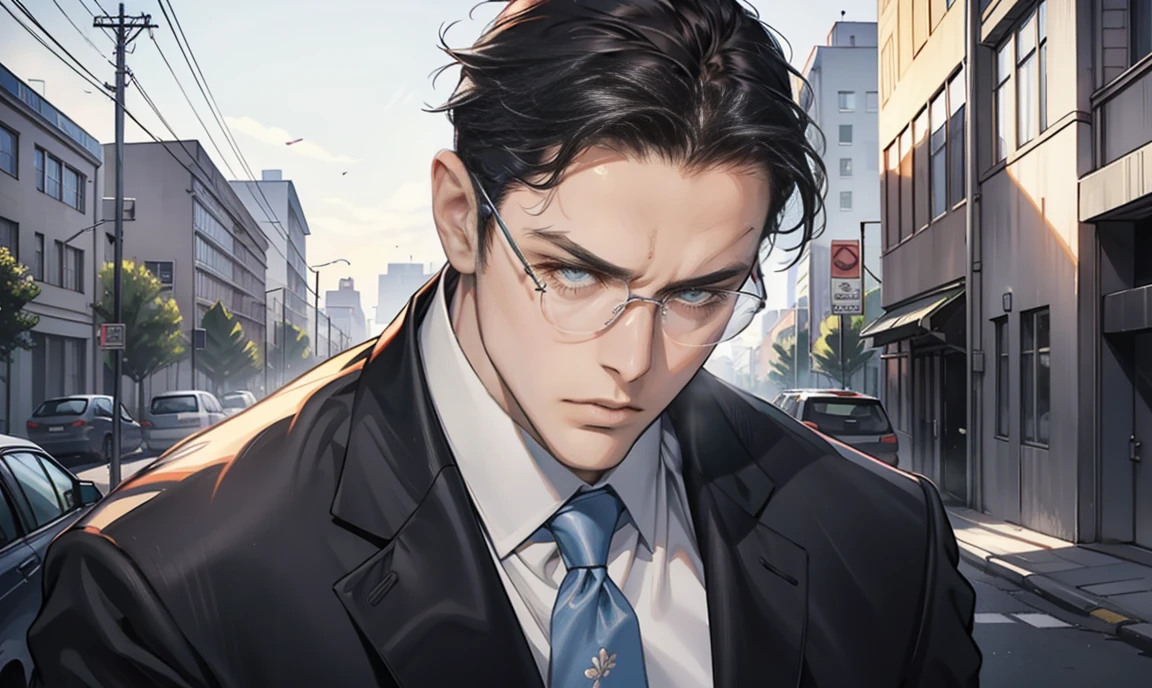 (masterpiece, best quality), 1 male, middle-aged masculine appearance:1.4, tall muscular guy, broad shoulders, finely detailed eyes and detailed face and detailed clothes, intricate details, realistic, very handsome, black hair:1.5, pale blue eyes, sharp chiseled face:1.7, professionally-dressed in a suit & tie: 1.4, teacher:1.7, severe cold expression:1.7, wearing glasses:1.5, standing outside a secondary-school building, surrounded by trees.