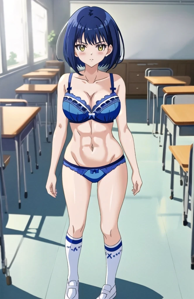 anime girl in a blue bra with a white lace trim and blue panty with a white bow、woman with short dark blue hair、woman with yellow eyes、bob cut、seductive anime woman、clothing:blue bra、blue panties、tall woman、cool atmosphere、anime moe art style、big breasts、woman with very large breasts、(anime girl)、attractive anime girl、naughty anime style、Beautiful charming anime teen、Smooth anime CG art、school classroom、indoor、cleavage、bra with an blue、panty with an blue、whole body、a girl is standing、digital anime art!!、female focus、perfect body、cool anime girl、full body、anime best girl、solo、underwear only、Bra and panties only、8k!!、High resolution!!、