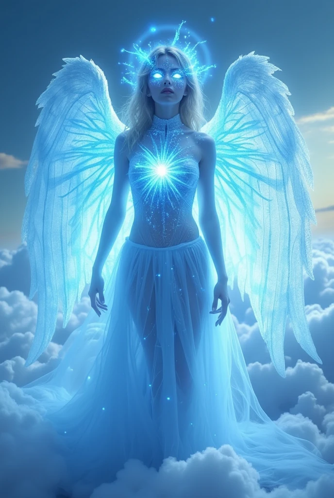 ((masterpiece)) ((Highest quality)) An angelic, ethereal female figure with glowing blue eyes and intricate patterns of light across her face and chest, softly illuminated. Her wings, glowing with a faint blue aura, are spread wide, radiating delicate energy. She is surrounded by a calm, cool mist and a soft, celestial glow, with radiant light forming a halo above her head. The background is a serene, tranquil sky, with gentle clouds and a soft gradient of blue and white. The atmosphere is peaceful, surreal, and otherworldly, with an emphasis on celestial grace and tranquility.