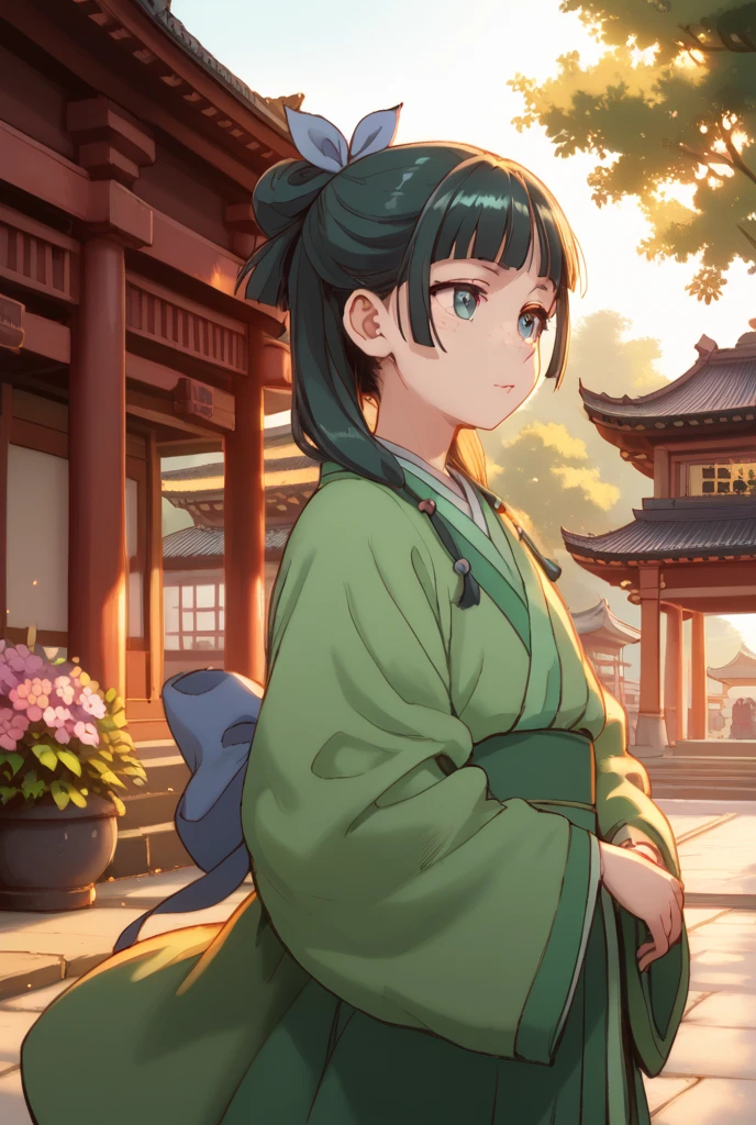 score_9_up, score_8_up, score_7_up, score_6_up, anime_source, 1girl, solo, high quality illustration, (masterpiece, best quality:1.2), highres, extremely detailed, perfect lighting, photography, 8K, HDR, cowboy shot, maomao, green japanese kimono, temple, flowers, solo, freckles.