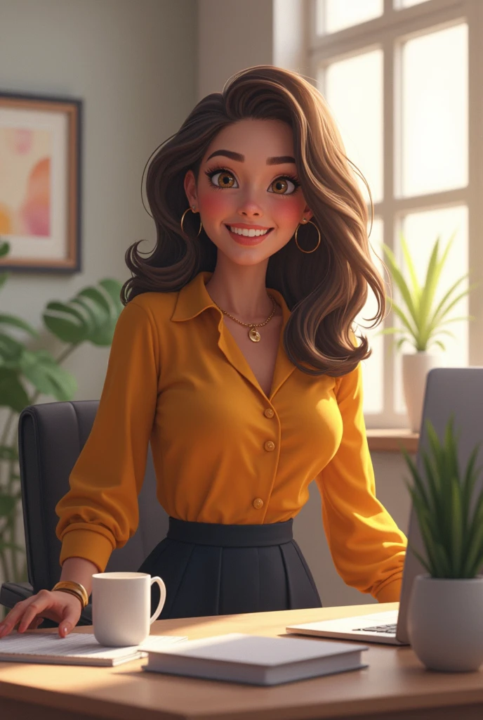 Teen girl wearing a yellow blouse and short black skirt in a office , side view