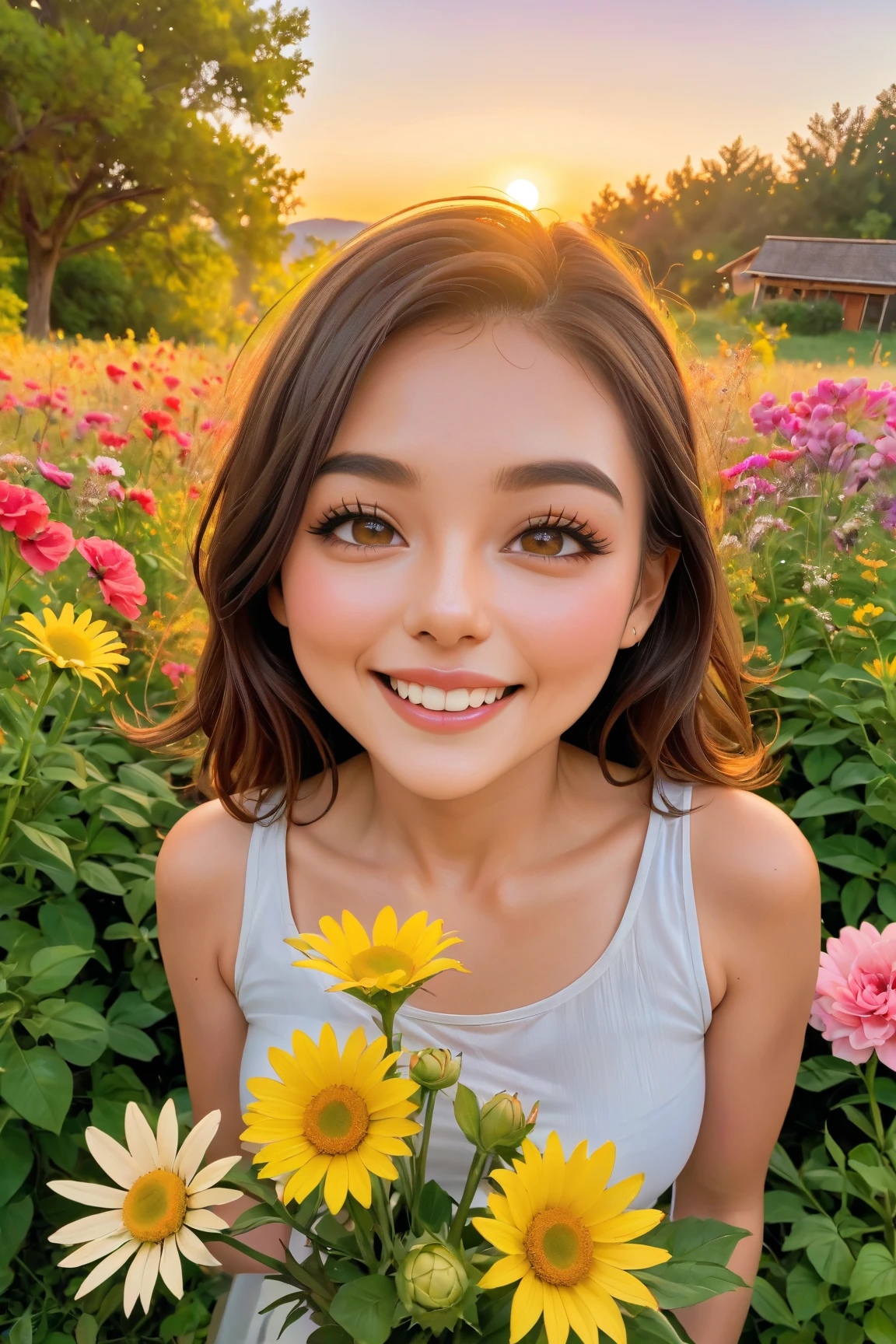 ( best quality and best,4K,8k, High Resolution ,masterpiece:1.2), super detailed ,(,photo,photo-:1.37),smile,  happy expression , Detailed Facial Features,Beautiful bright colors , lively vibe ,Warmly lit, playful,enthusiasm,Shining Happiness,Warm Feelings, amazing,  Entertainment ,Uplifted,大きなsmile, beauty, vibrant eyes ,Curved lips,Giggling,facial expressions of  amazing,Joyful Eyes ,Natural and attractive,Light of Happiness,Infinite joy,overflowing happiness,伝染性のsmile, Friendly Energy ,heartfelt Giggling,Attractive happiness,Convivial atmosphere,暖かいsmile,Colorful background, the shining sun , Nature&#39;s Embrace ,Flowers in full bloom,Quiet Garden,serenity and  amazing, Calm and Satisfied ,Gratitude and gratitude, Peaceful and Abundant Environments , Vibrant and Positive Vibes, Harmonious environment , playful interaction,Lovely atmosphere, Exquisite Details,Energetic emotions,Shining Cheeks, bright eyes ,Happy soul,Giggling echoing, amazingful memories.