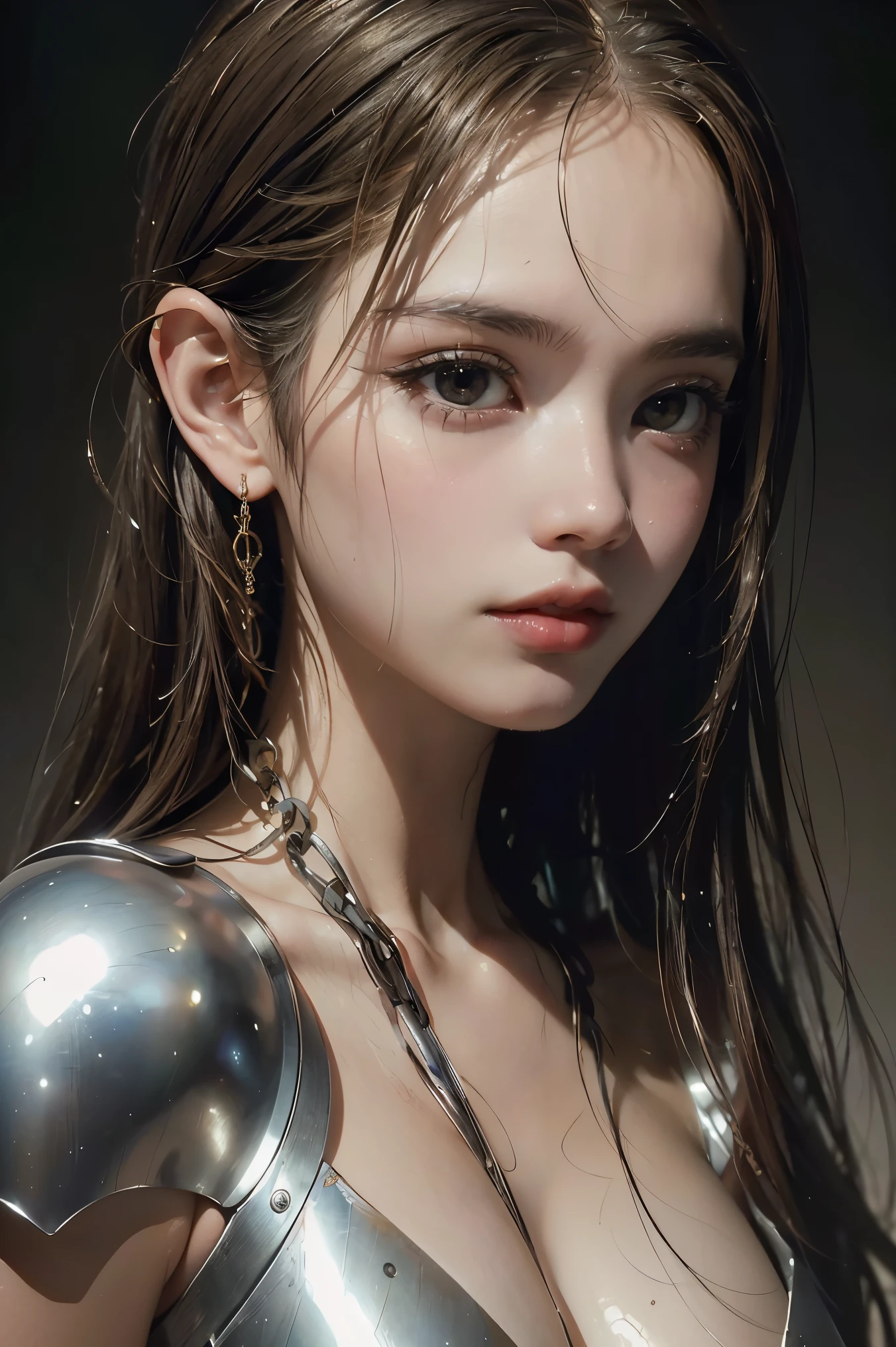 A stunning masterpiece by Luis Royo, High-quality and realistic depiction of a shiny, beautiful girl, Natural skin texture, (((This surreal portrait captures the essence of youth and beauty))), (((The girl&#39;s arms and legs are attached with elaborate chains.))), (((((Sex slave))))), (((Completely naked))), (whole body), (((Succubus)))
