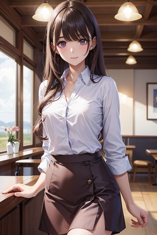(Photorealistic:1.8, highest quality:1.8,8K masterpiece:1.8,High resolution,Mastepiece:1.8,RAW Photos,Cinematic lighting),No split screen、morning、Old coffee shop、（A female clerk carrying coffee:1.5)、(Soryu Asuka Langley)、
（choker、Medium chest、Beautiful breasts、cafe uniform、mini skirt、Beautiful ass、Beautiful thighs、Plump nipples、Cutting-edge fashion）、
(Random hairstyle、Beautiful, shiny pale-brown hair:1.5)、Sparkling Blue Eyes、Fine Lines、greet、smile、Random Pause、Random Angle