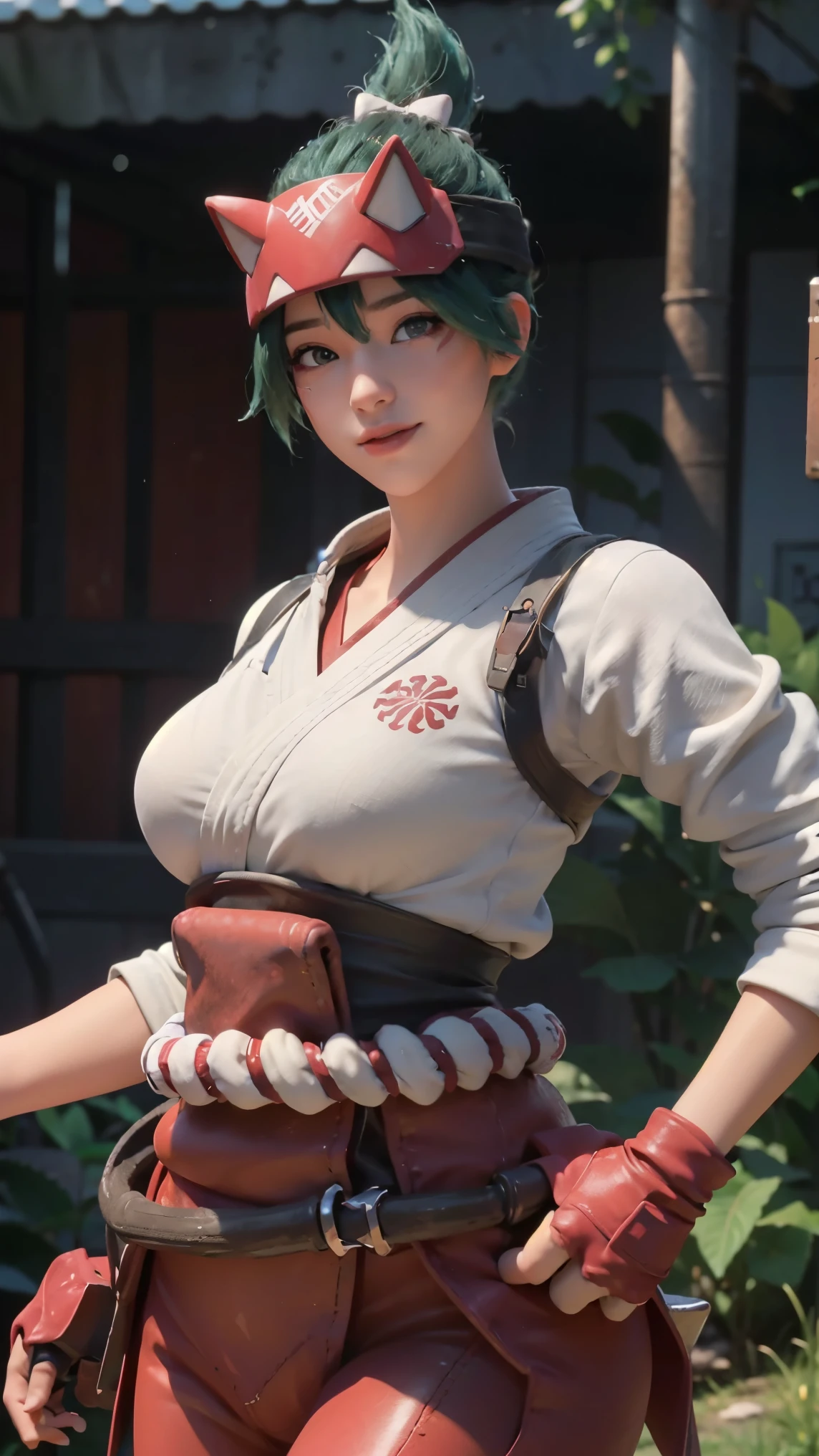 Kiriko,(best qualityer,4K,8k,high resolution,work of art:1.2)(weather: cloudy), mech facility background, mech reactor, white cropped kimono top, elbow long sleeves, belt, leggings, side open hakama pants, mechanic gloves, mechanic harness, mechanic boots, eyeliner, short wavy hair, green hair, ultra detailed, realistic, portrait,beautiful detailed hazel brown eyes, glowing eyes,blush,beautiful detailed lips,extremely detailed eye and face, long eyelashes, sexy,average, large breasts,beaming smile, flirty smile,powerful girl, hero pose, stunning curves,bright coloured,dramatic lighting,
