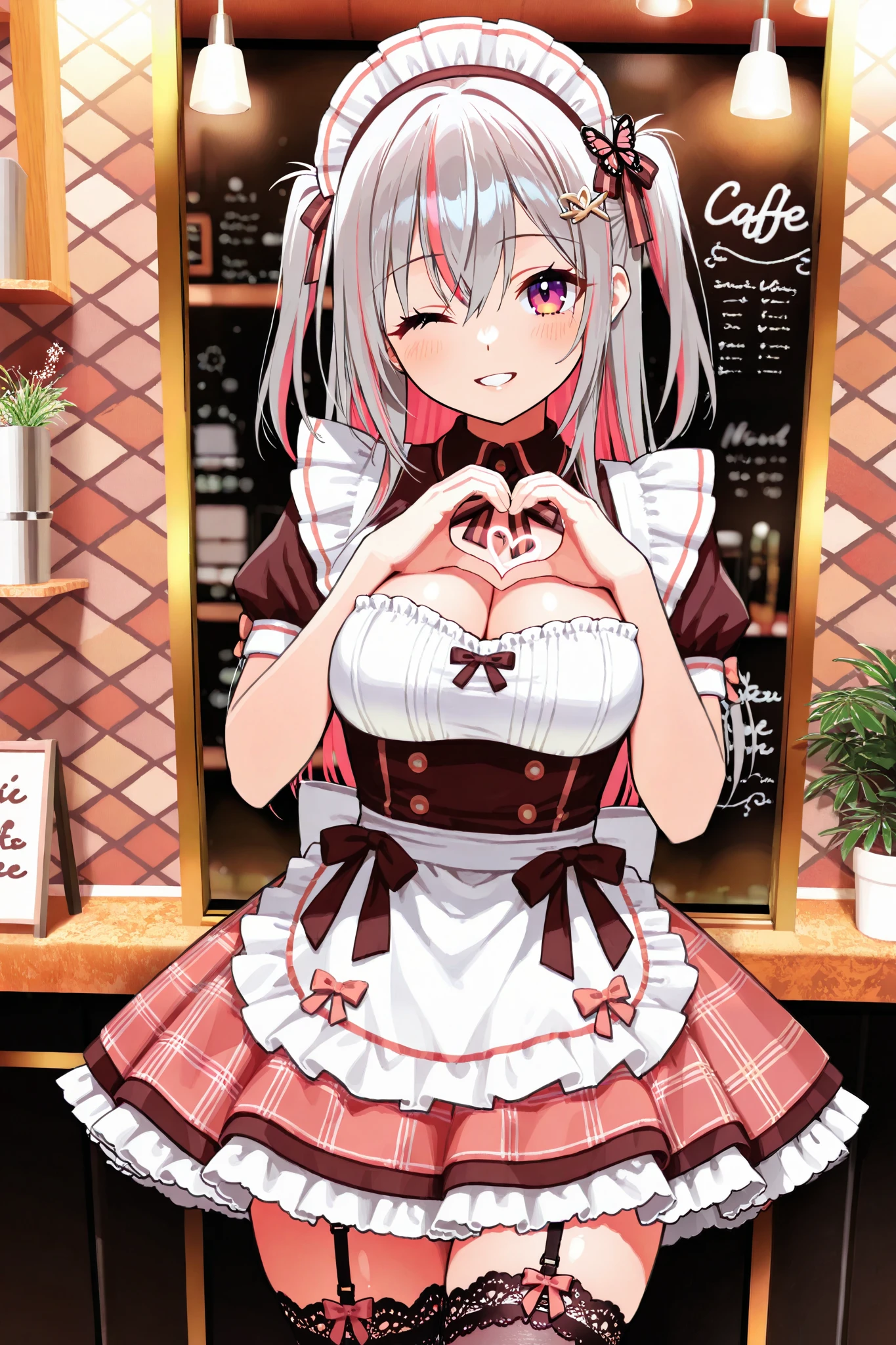 (masterpiece), (high quality), (high resolution), (4k), ((stylish cafe interior, in front of the wall)), (super detailed Silky skin), (beautiful detailed lips), (Dazzling eyes), (( Complete anatomy:1.2), (beautiful daughter), solo, (large brest), (maid dress), (detailed fabric texture), (head dress), (tartan pattern ribbon), (detailed lace knitting texture), (detailed garter stockings), (heart hands), (idol pose), canted front angl, (whole body), Medium long shot, (I can see her cleavage), {{magenta eye:1.8}}, (eyelashes), (thin eyebrows), (two side up hair style:1.0), (Hair Accessories), (Grey hair, multicolored hair {Magenta:1.5}), (straight hair), (Smile:D), (One eye closed), Lighting:(Butterfly effect), looking at viewer,