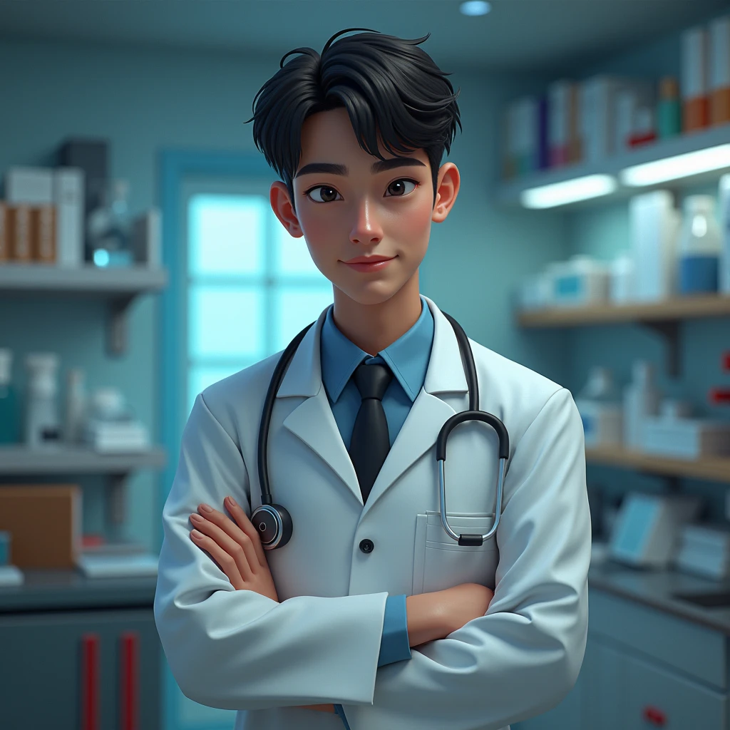 A tall thin boy , handsome with square face and doctor's uniform