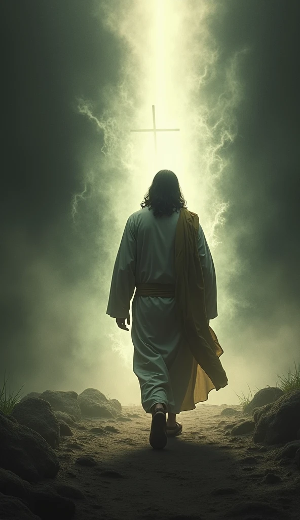 Christ seen with his back to the camera walking towards a reaper light