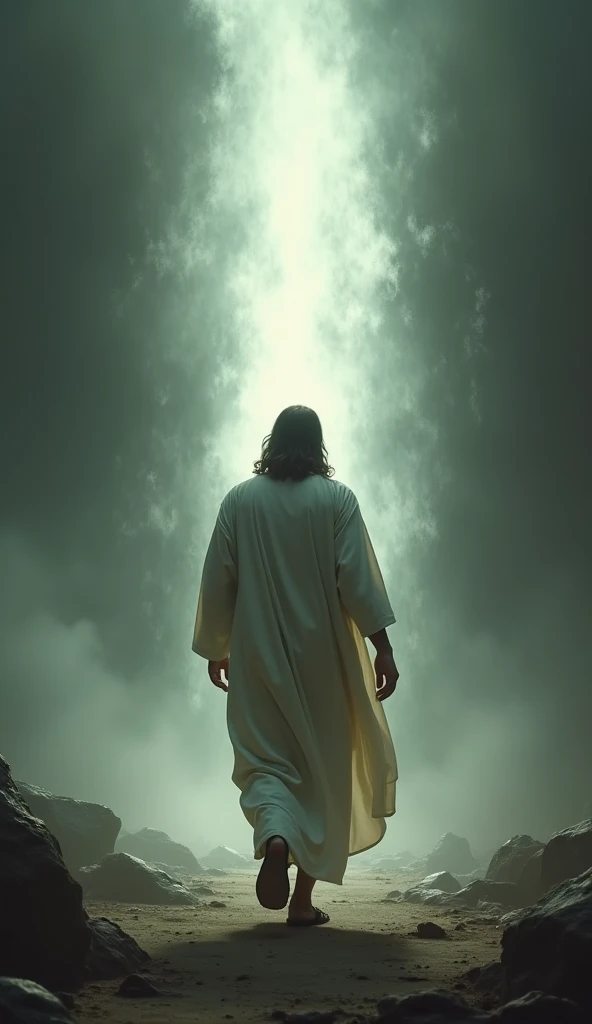 Christ seen with his back to the camera walking towards a reaper light