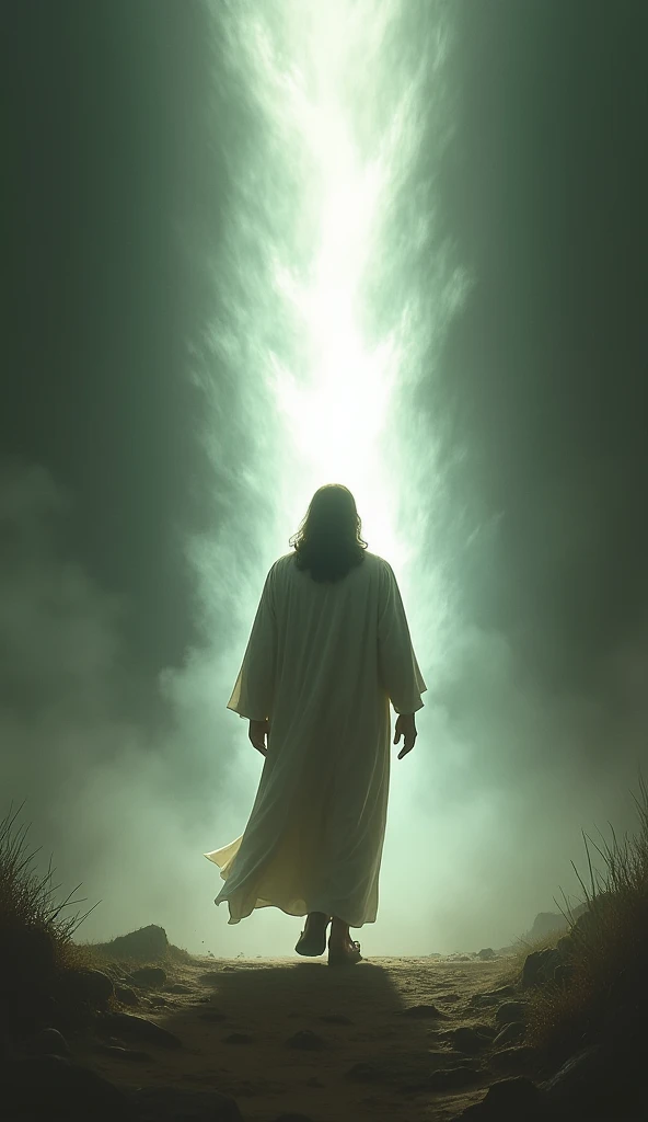 Christ seen with his back to the camera walking towards a reaper light