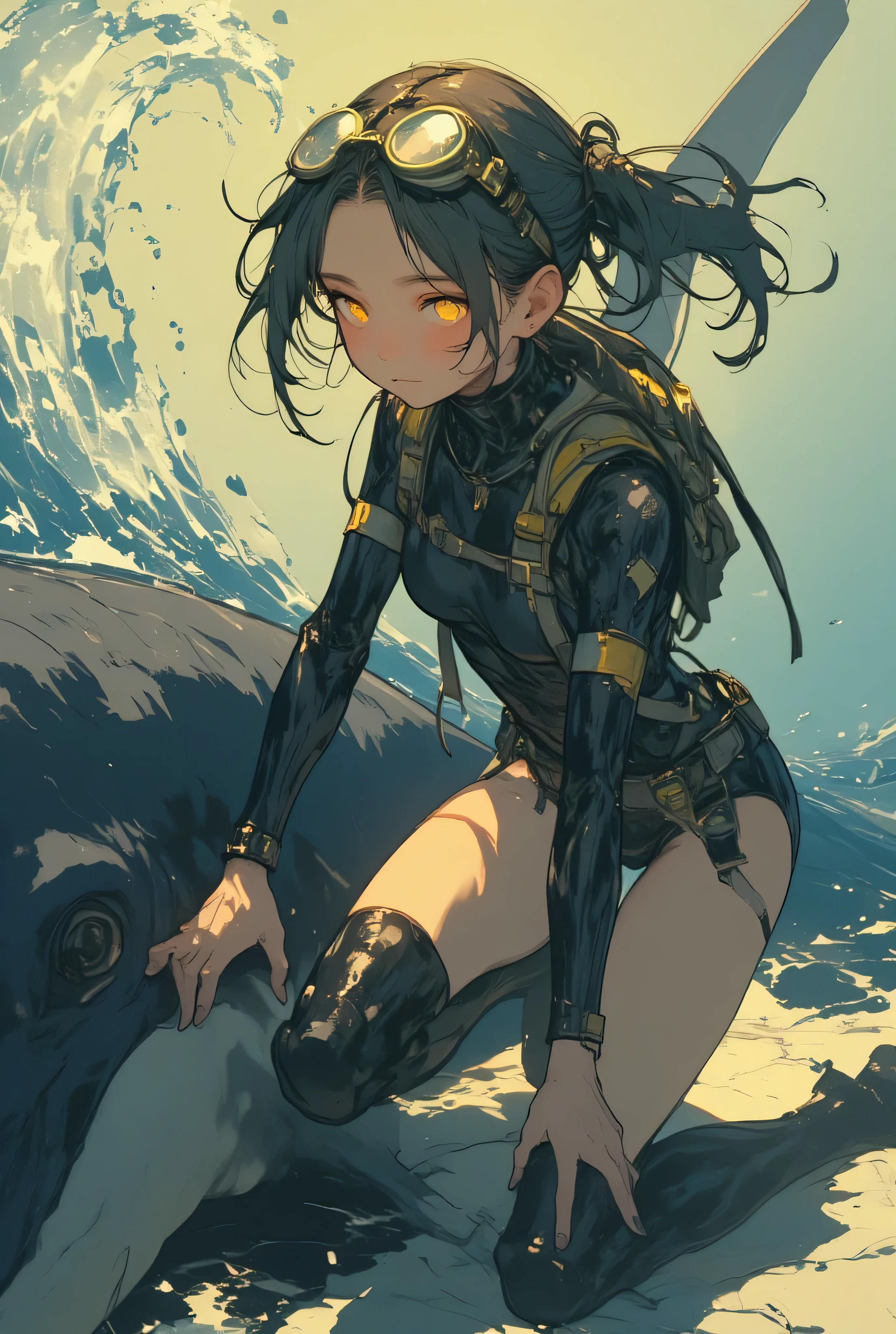 overview , full body view , a beautiful young girl with a diving suit kneeling on a whale break / description: she has golden yellow eyes, (soft lighting), (high resolution) break / description: her posture indicates that she is getting up or recovering after an effort, she seems to support herself by placing one hand on the ground break / a jet of water is expelled by the whale break / masterpiece, best quality, lighting, fast shutter speed, very realistic hands, anatomically accurate representation, Unique, 8k, implies absurd, attractions, (Highly detailed explanation), (Cute look like a professional ), (vivid colors), (portrait), (soft lighting), (high resolution)