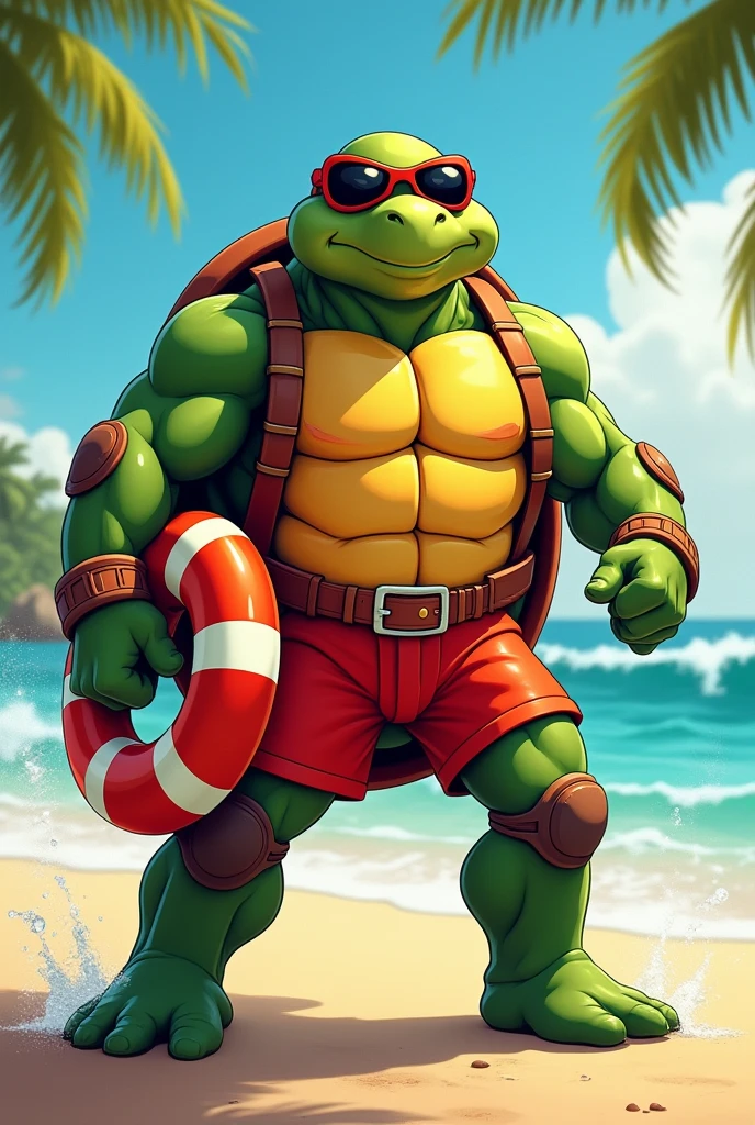dnd, dungeons and dragons, tortle, druid, sea turtle, hippie, portrait, solo, single person, bluish green skin, bald, turquoise eyes, handsome, male, fat, cartoon, sunglasses, smiling, seaweed robes, smoking a joint, ((masterpiece, best quality)), trending artwork
