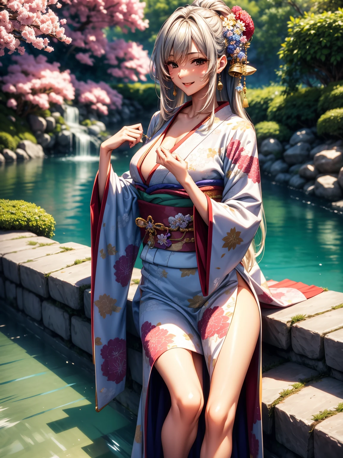 (top-quality、​masterpiece、very high res、An ultra-high picture quality、High quality pixels)、(1girl,She is an extremely beautiful woman、and she is 20 years old、1 person、Single、独奏:1.5)、(She is a very beautiful woman with a beautiful face)、(Beautiful face written in detail,Beautiful body,Eyes with a strong will,Beautiful eyes,Beautiful hair,Beautiful skin texture)、(Beautiful hair quality,Variety of hairstyles)、(Slender body and beautiful breasts)、(Lovely smile,Open mouth)、(Beautifully colored long-sleeved kimono,Furisode figure,Furisode wearing,adult-like),(model poses,modelshoot,Magazine shooting,Hair flutters under the influence of the wind),The wind is blowing、Beautiful Art Style,an animated character、(The whole picture、Detailed picture、accurate anatomy、Defect-free images、extremely detailed picture、Accurate images、image perfect)、(Best Shot Photo 1.2)