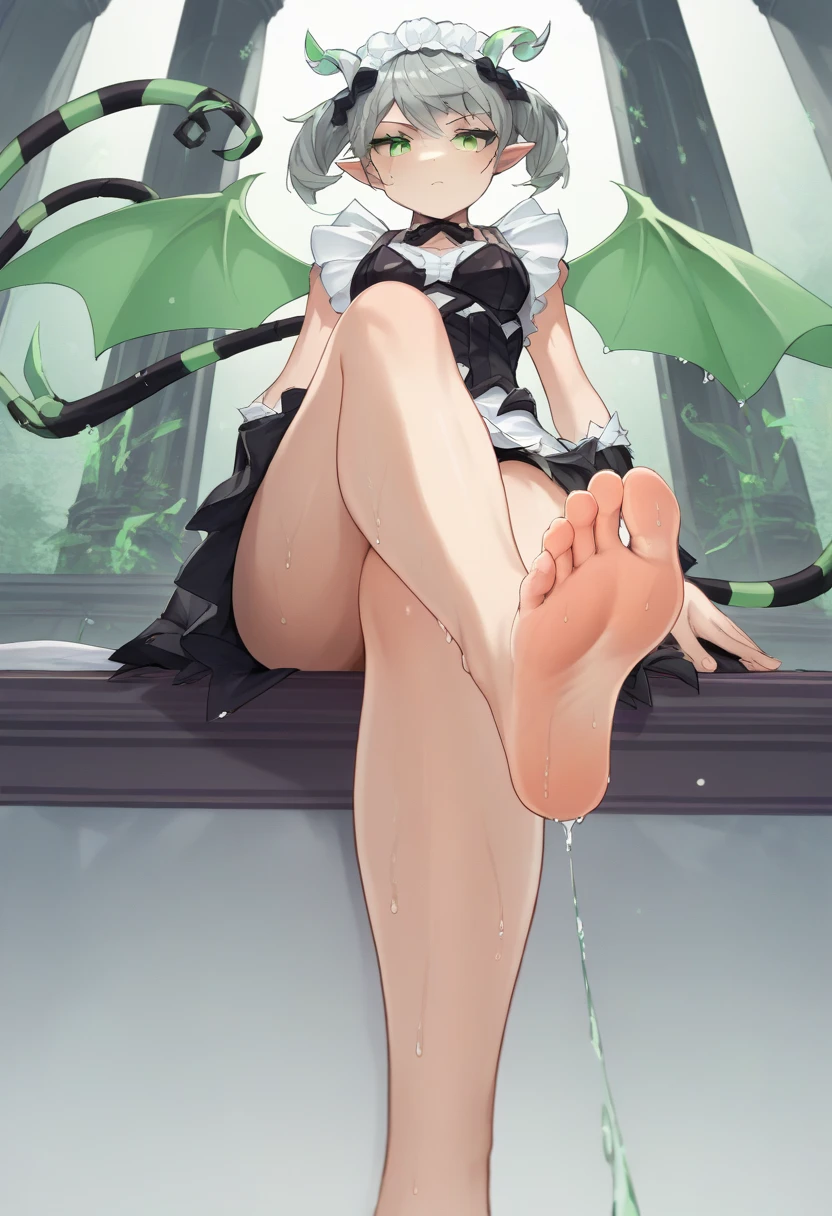 score_9,2D, source_Anime,Masterpiece, , 1 GIRL,from below, Foot Focus , sitting ,Crossed legs, staring at the viewer , demon girl,green horns,green wings,green tail,Maid,  detach sleeve ,green eyes,green/ black knee high , Twin Tails,wet:1.3