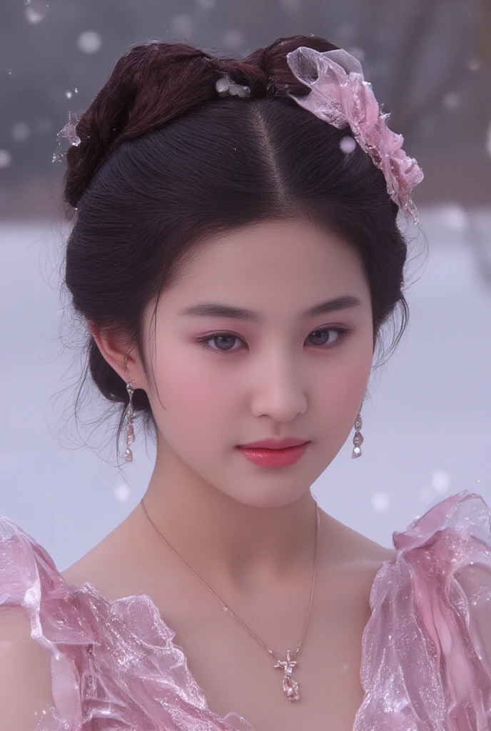   There is a woman in a Rose Color dress， Wearing a necklace ,((beautiful fantasy queen).  inspired by Sim Sa-jeong  ，Azure . hair detail  ,  winter princess  , LCE Princess ,  Guvez-Steville artwork  ,8k)),  fantasy aesthetic  !.Guviz ,ratu is,  8k high quality detail art  .