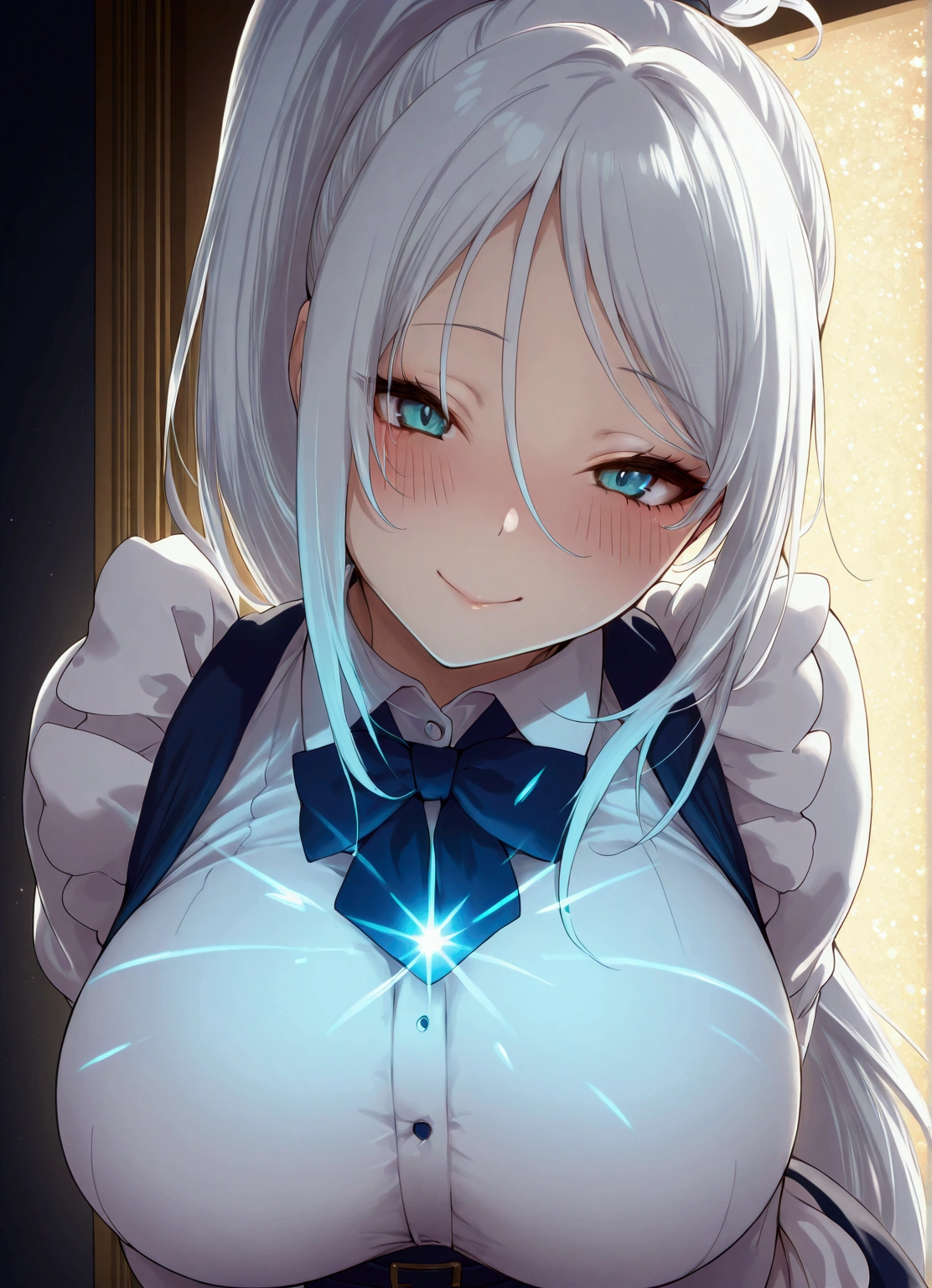 masterpiece, sylpha,Maid, white hair,long hair, ponytail style,, bang,, long hair,Big breast, ,smile,, blush,,smile,, details,perfect, details master pieces,high quality,, feminine, perfect,realistic, perfect lights, perfect lights,inlove,