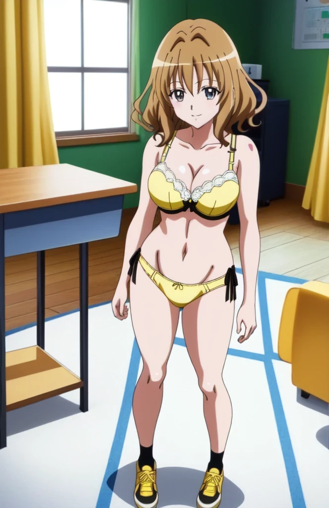 anime girl in a yellow bra with a black bow and yellow panty with a black bow、Woman with short brown hair、brown eyed woman、wavy hair、seductive anime woman、clothing:yellow bra、yellow panties、white knee high socks、tall woman、sexy atmosphere、anime moe art style、big breasts、woman with very large breasts、(anime girl)、attractive anime girl、naughty anime style、Beautiful charming anime 、Smooth anime CG art、school classroom、indoor、cleavage、bra with an yellow、panty with an yellow、knee-high socks with an white、whole body、Indoor shoes、a girl is standing、digital anime art!!、female focus、perfect body、sexy anime girl、full body、anime best girl、solo、underwear only、Bra and panties only、8k!!、High resolution!!、