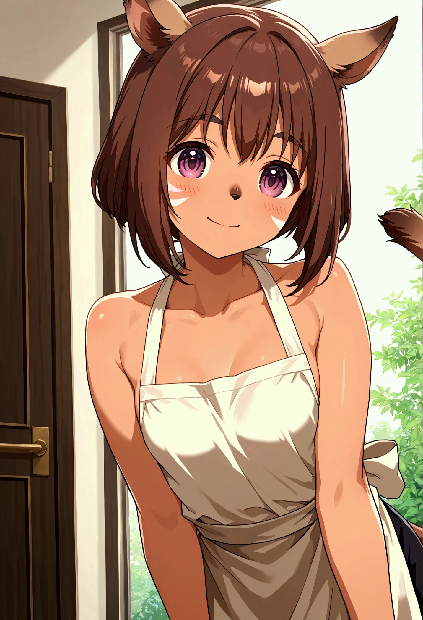 masterpiece, 1 very young girl 、Mithra　 Final Fantasy 11、 Final Fantasy 11、 brown skin next to a woman、three red patterns on the cheeks、 Very Big Eyes 、Young face、Dark brown cat ears and tail 、 very small breasts、 short bob with sisters、Shiny reddish brown hair 、beige apron、The background is the forest、smile