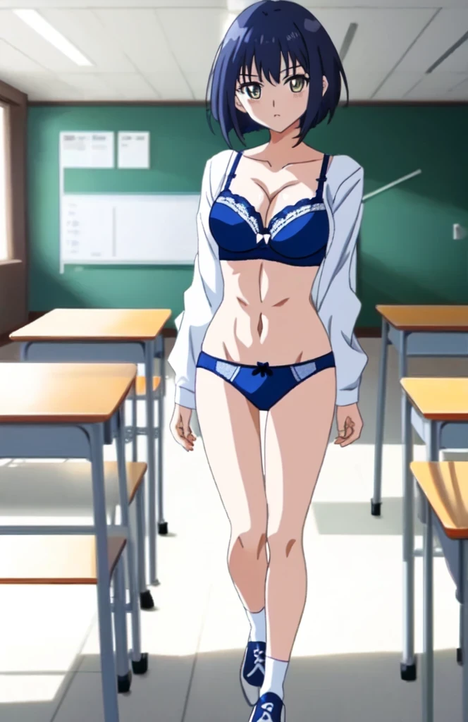morikawa_yuki, blue hair, nude, white lace underwear, white lace bra, classroom, legs <lora:morikawa_yuki_v1:0.8>, masterpiece, best quality
