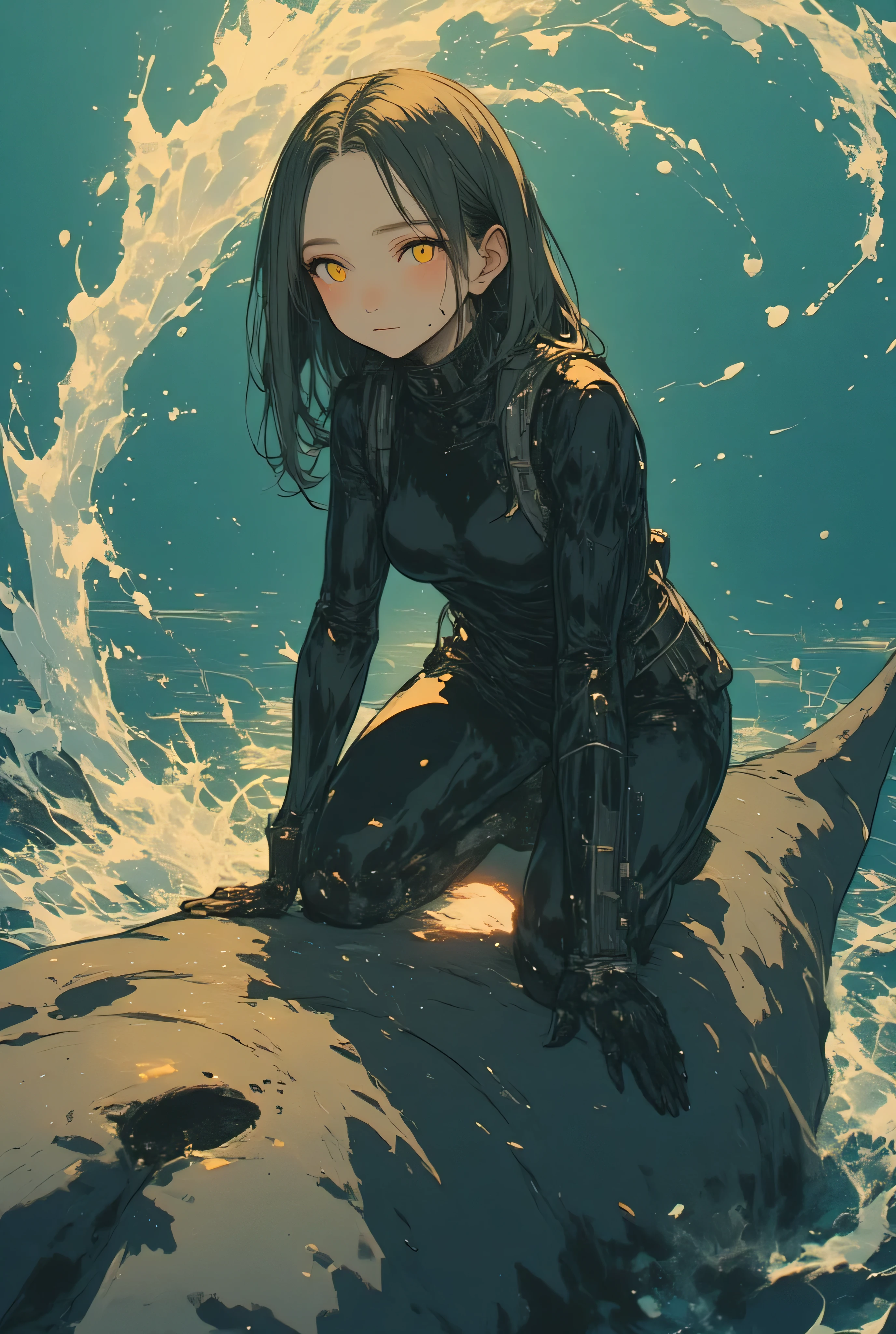 overview , full body view , a beautiful young girl with a diving suit kneeling on a whale break / description: she has golden yellow eyes, (soft lighting), (high resolution) break / description: her posture indicates that she is getting up or recovering after an effort, she seems to support herself by placing one hand on the ground break / a jet of water is expelled by the whale break / masterpiece, best quality, lighting, fast shutter speed, very realistic hands, anatomically accurate representation, Unique, 8k, implies absurd, attractions, (Highly detailed explanation), (Cute look like a professional ), (vivid colors), (portrait), (soft lighting), (high resolution)