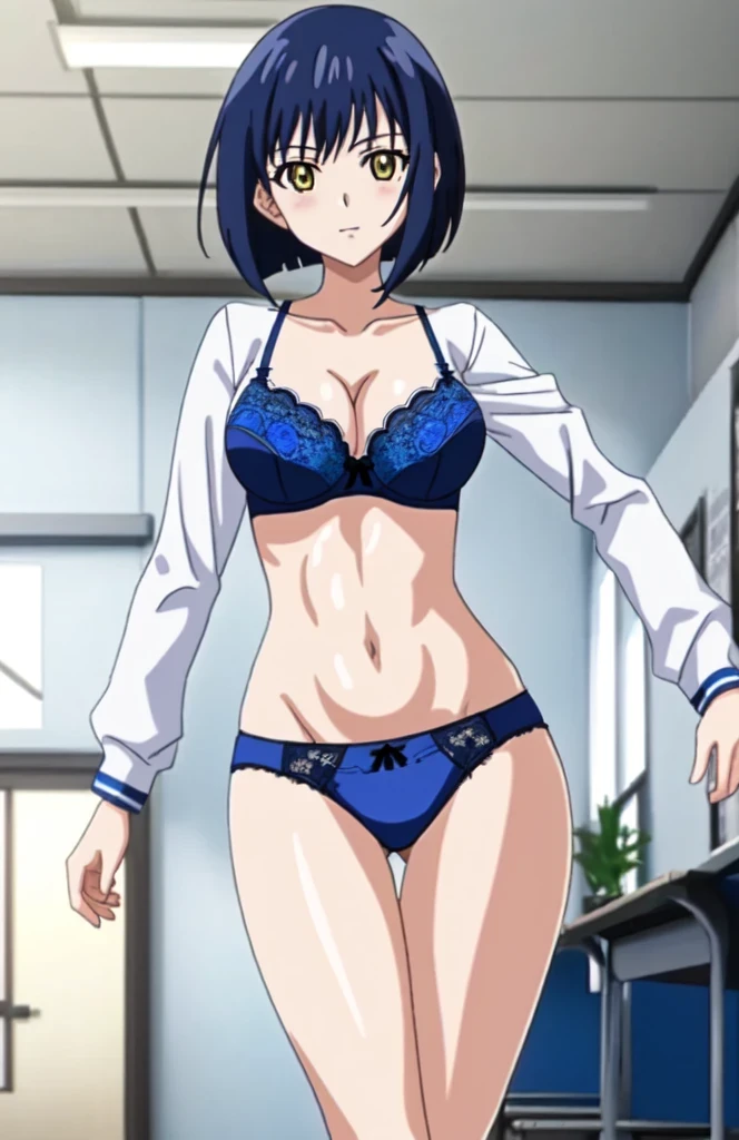 masterpiece、 best quality 、1woman、アニメの女性 in a Blue Bra with a white lace trim and blue panty with a white bow、Woman with short dark blue hair、Yellow eyed woman、 bob cut、seductive anime women、clothing: Blue Bra、 blue panties、 dark blue high socks 、Tall Woman、 cool vibes、 Anime Moe Art Style 、Big Breasts、 woman with very big breasts 、( Anime girl )、attractive Anime girl 、 naughty anime style 、 Beautiful Attractive Anime Teen、 Smooth Animated CG Art 、 school classroom、indoor、cleavage、navel、midriff、abs、collarbone、bra with an blue、panty with an blue、whole body、Indoor shoes、 girl standing、 digital animation art!!、 cowboy shots、looking at viewer、Female focus、 perfect body、cool Anime girl 、 full body、 Anime Best Girl 、alone、Underwear only、Bra and panties only、8k!!、 High Resolution !!、 very detailed、