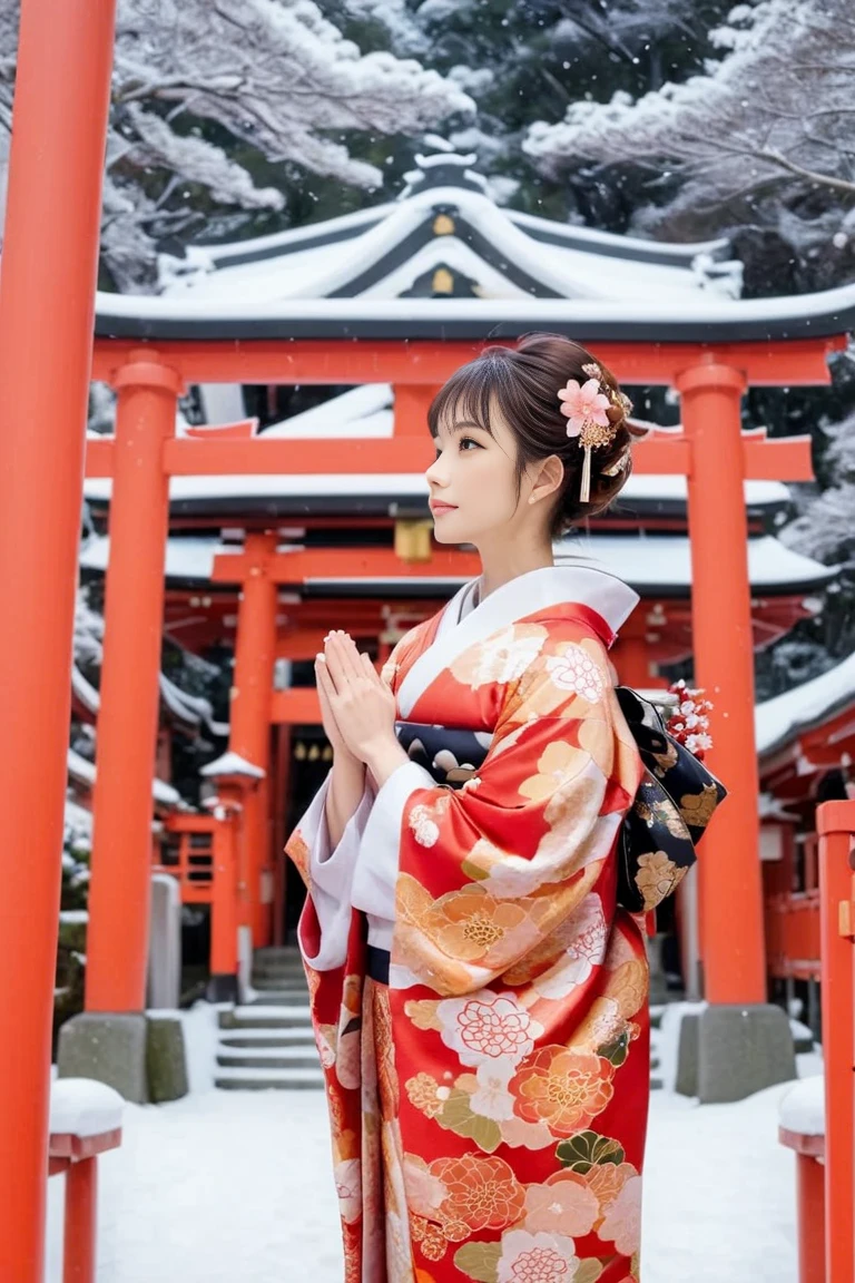  Japanese New Year。A woman wearing a beautiful kimono prays at a shrine。