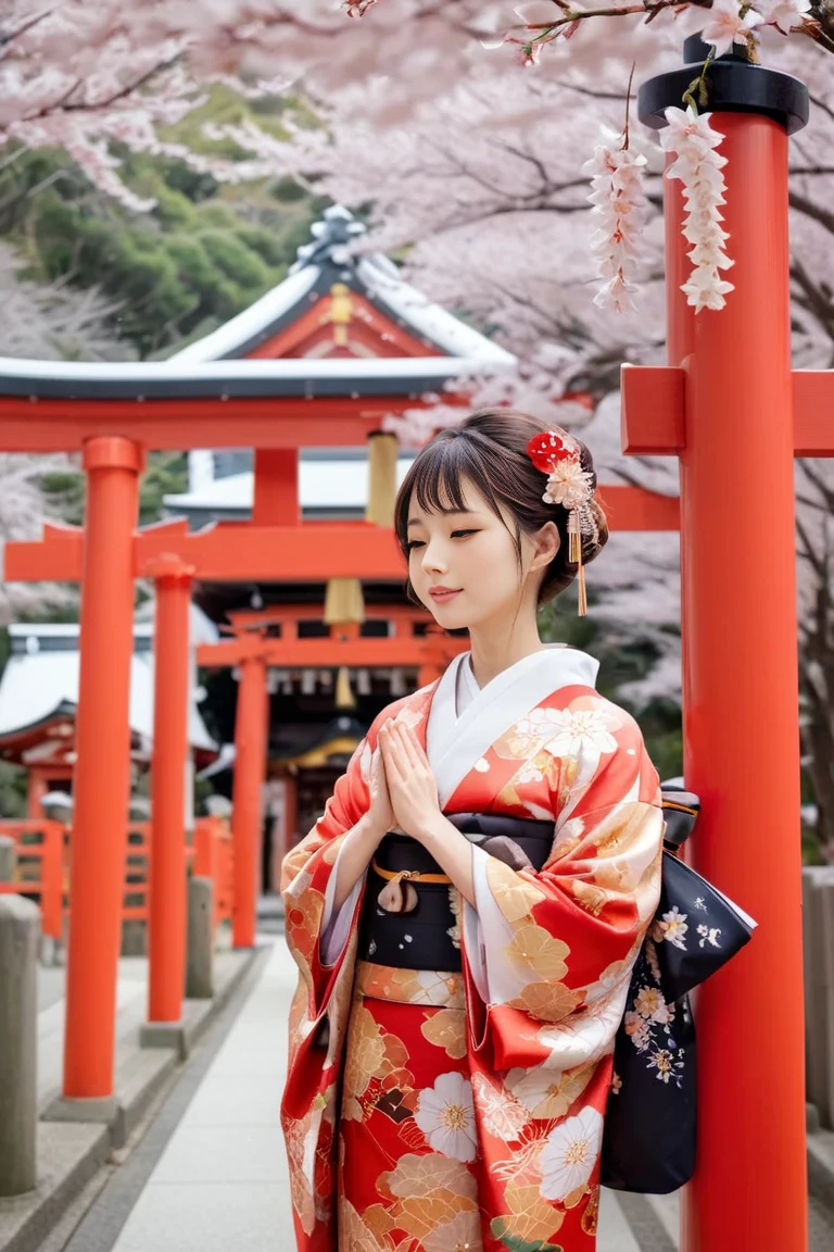  Japanese New Year。A woman wearing a beautiful kimono prays at a shrine。