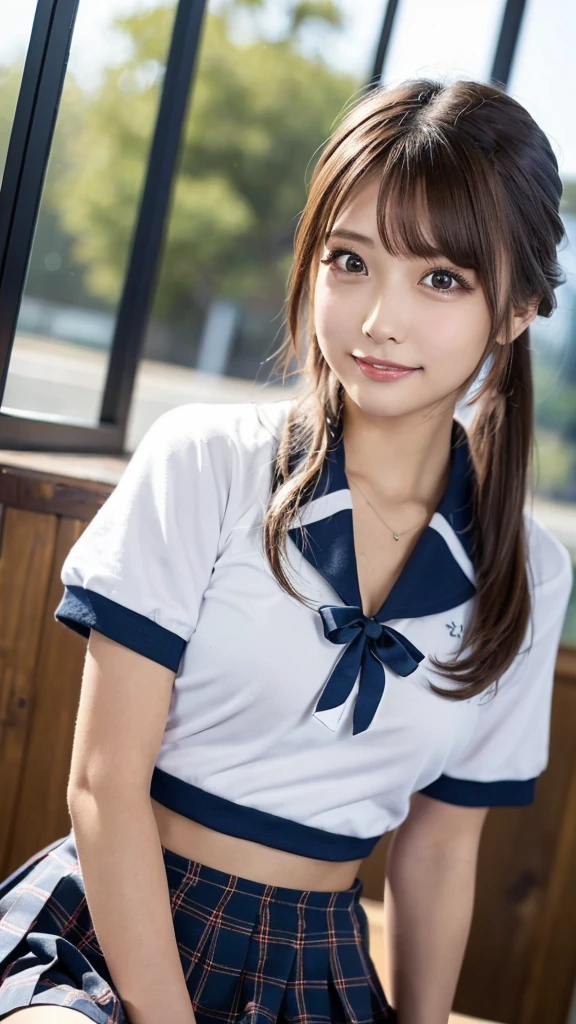 1girl.(RAW shooting:1.3)、(Photorealistic:1.3)、(masterpiece:1.3)、(highest quality:1.3)、Super detailed、High resolution、(Depth of written boundary)、(Detailed eyes)、(Detailed facial features)、(Detailed fingers)、(Detailed clothing features)、High resolution、8k、Skin Tightening、(Glowing Skin)、Landscape Gestic.Age 35、(Brown Hair)、(Medium Short Hair:1.5)、(Straight hair:1.3)、Hair blowing in the wind、avert your eyes、(Cowboy Shot:1.3)、(Dynamic pose)、(Smile)、Navy blue polo shirt、Denim mini skirt、Rich milk、Lens flare、Shining with colored light、Fantastic lighting、Forest rays、(Daytime cityscape, Busy Street, Expressing the vibrant charm of a bustling metropolis under the sun.)、