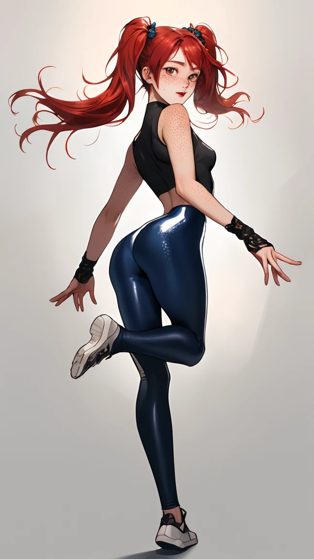  seen from behind ,  masterpiece ,  full body costume， on tiptoes,  FLOATING IN THE AIR ,  penetration, ridiculous,  High resolution , 4K, Ray tracing, intricate details, very detailed,  looking back, (1 :  s , ,  small breasts  ,  long red hair , small, twin tails , freckles,  shiny leggings )