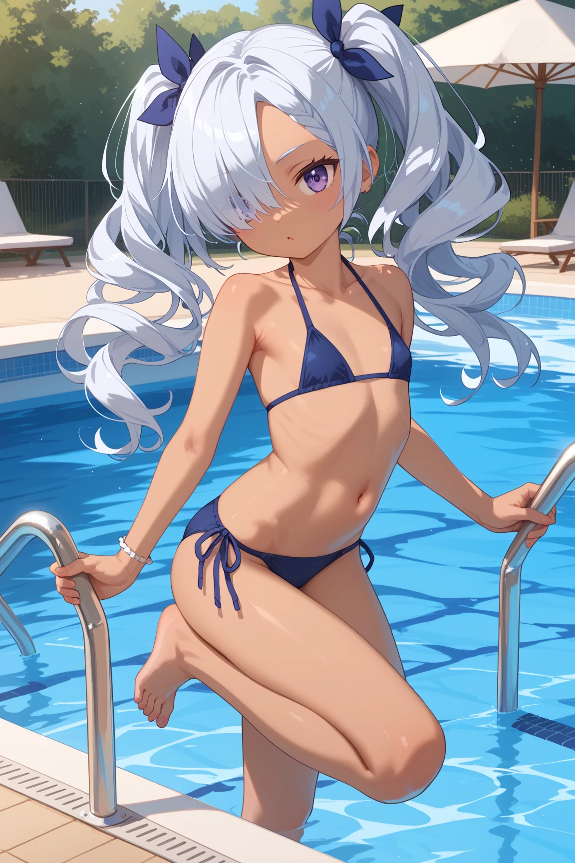 3 girls High level image quality best image quality 8K adult woman pool party rain palm trees more colors whole body view portrait mix color bikini horn ears short hair((shortcut)(gray hair)(perm)(fluffy)) eye color is blue , , attractive evil face , smile , sexy pose , labrynth , barearm , sittings by the pool , crossed legs , all wet , view foot arc , view hot slippers