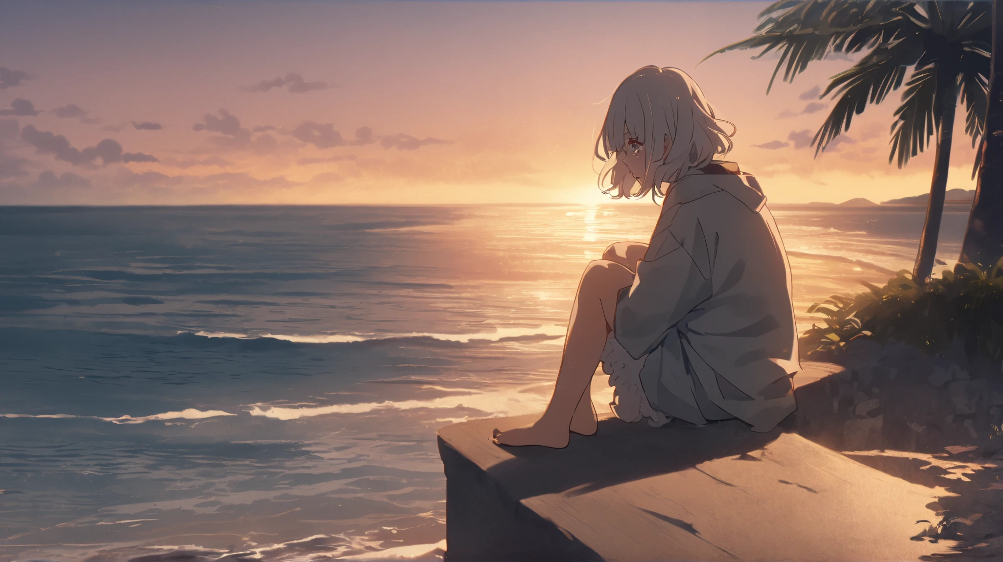 Studio Ghibli Style HMC, Sitting on a shelf at dusk ( Soft , Golden Light), (Shining reflections on the water), anime style, ocean , ocean のビーチ, coconut tree、Back view of sitting lonely looking at the ocean (Disheveled silver hair:1.1) Tears running down my cheeks facial hair Surrounded by beautiful sandy beaches and the sea Insert the letters 『lonely love』 for poster music fashionable