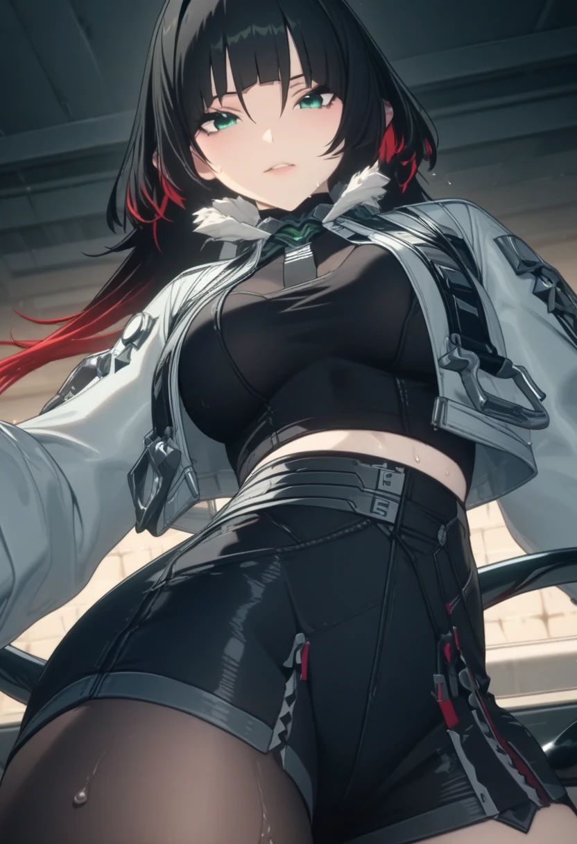 <lora:techwear:0.7> techwear,, ultra detailed, masterpiece, best quality, aesthetic, detailed,, solo, frown,
1girl, red eyes, <lora:Tsurime3:1>, (tsurime:1.2), (brown hair:1.3), medium hair, (asymmetrical bangs, swept bangs, cowlick:1.35), flipped hair, <lora:foldedponytail:0.8> foldedponytail, folded ponytail, (small breasts:1.3),