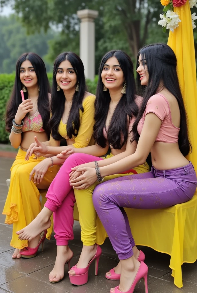 Four Indian  school girls, around 18 years of age, with feet attending a wedding. Nude topless top body, exposing nipples and boobs and tight shiny colorful leggings. Full length picture of them sitting together and holding each others hand. Hair and clothes wet from rain. Stilettos must be visible. Seductive smile. Tight top. Legs crossed over another. Sitting on bench. Large breasts. All wearing Large loop earrings. 