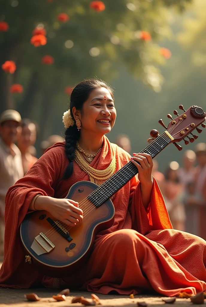 Woman is playing sitaar musical instrument in old era